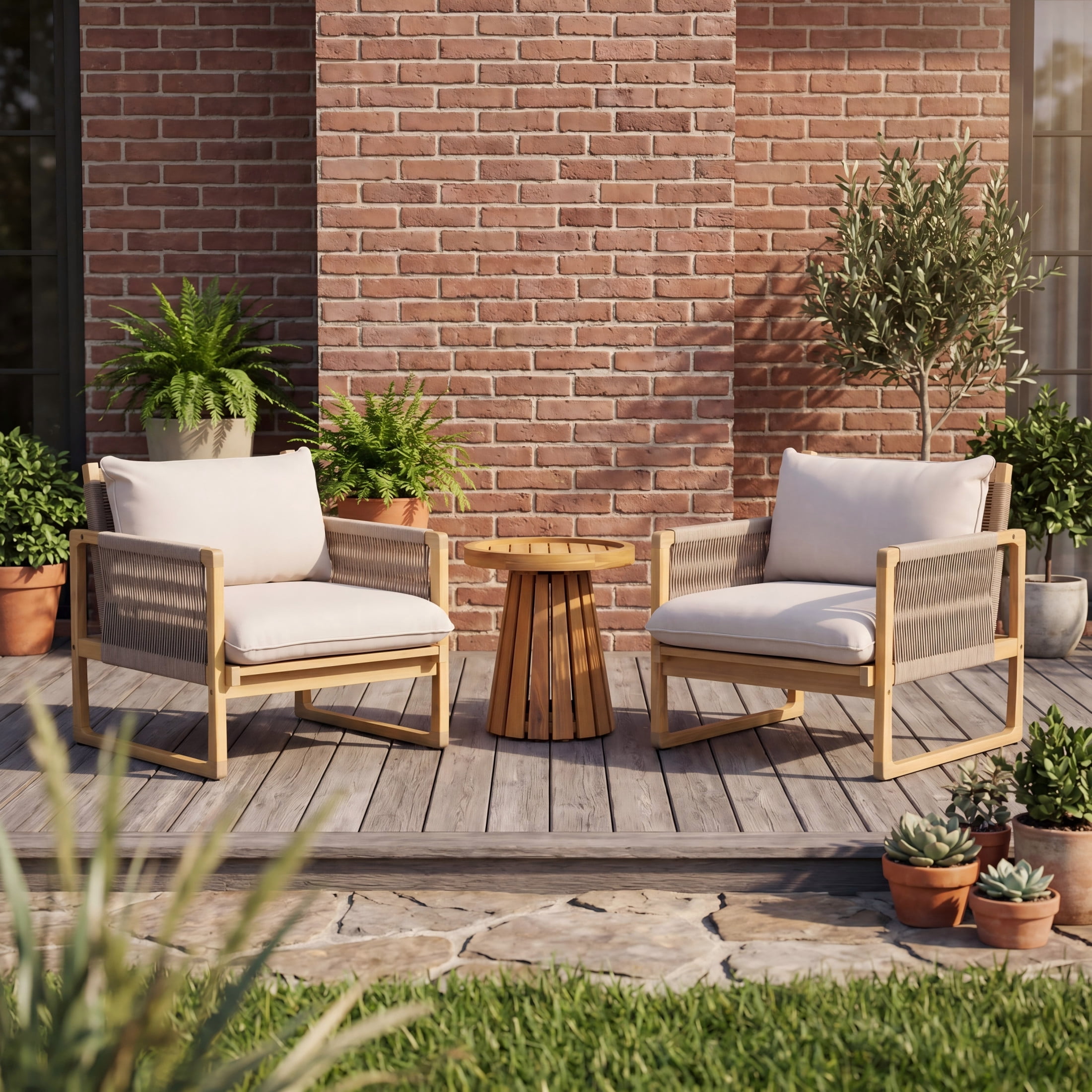 Christopher Knight Home 3-Piece Acacia Wood Patio Chat Set with Table and Cushions, Light Teak+Beige