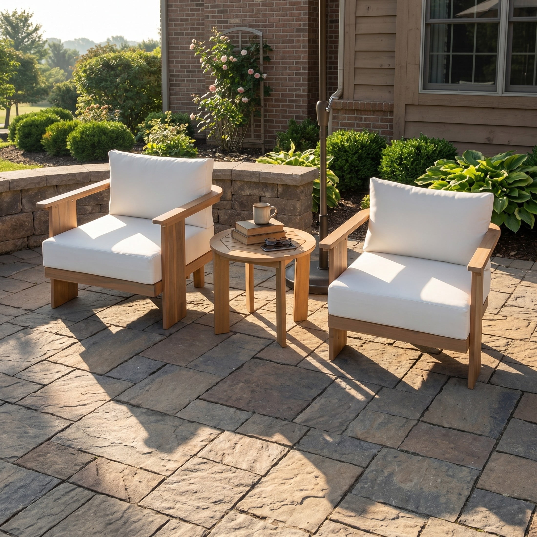 Christopher Knight Home 3-Piece Acacia Wood Patio Conversation Set with Side Table, Light Teak+Beige