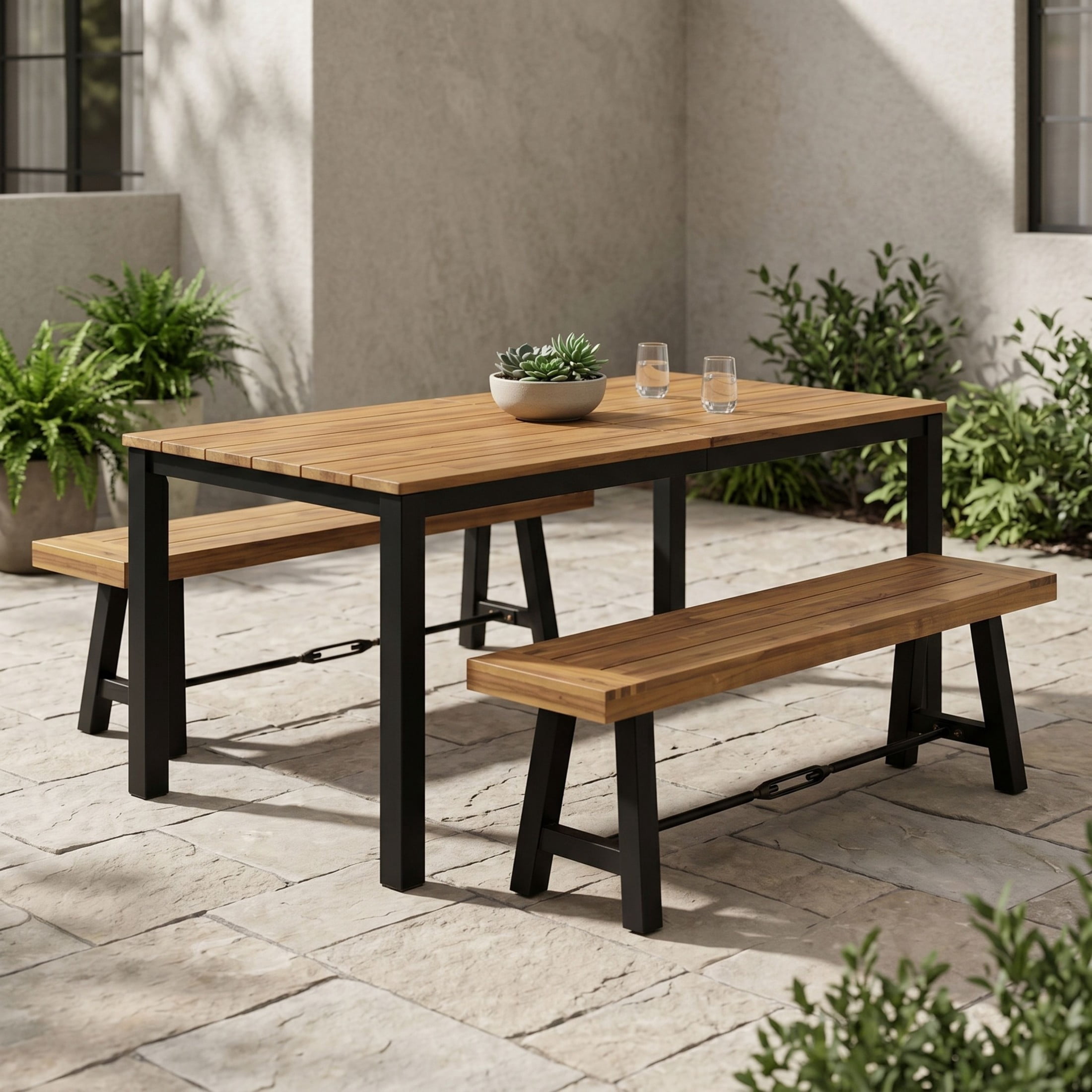 Christopher Knight Home 3-Piece Acacia Wood Patio Dining Set, 71" Table with 2 Benches, Teak+Black