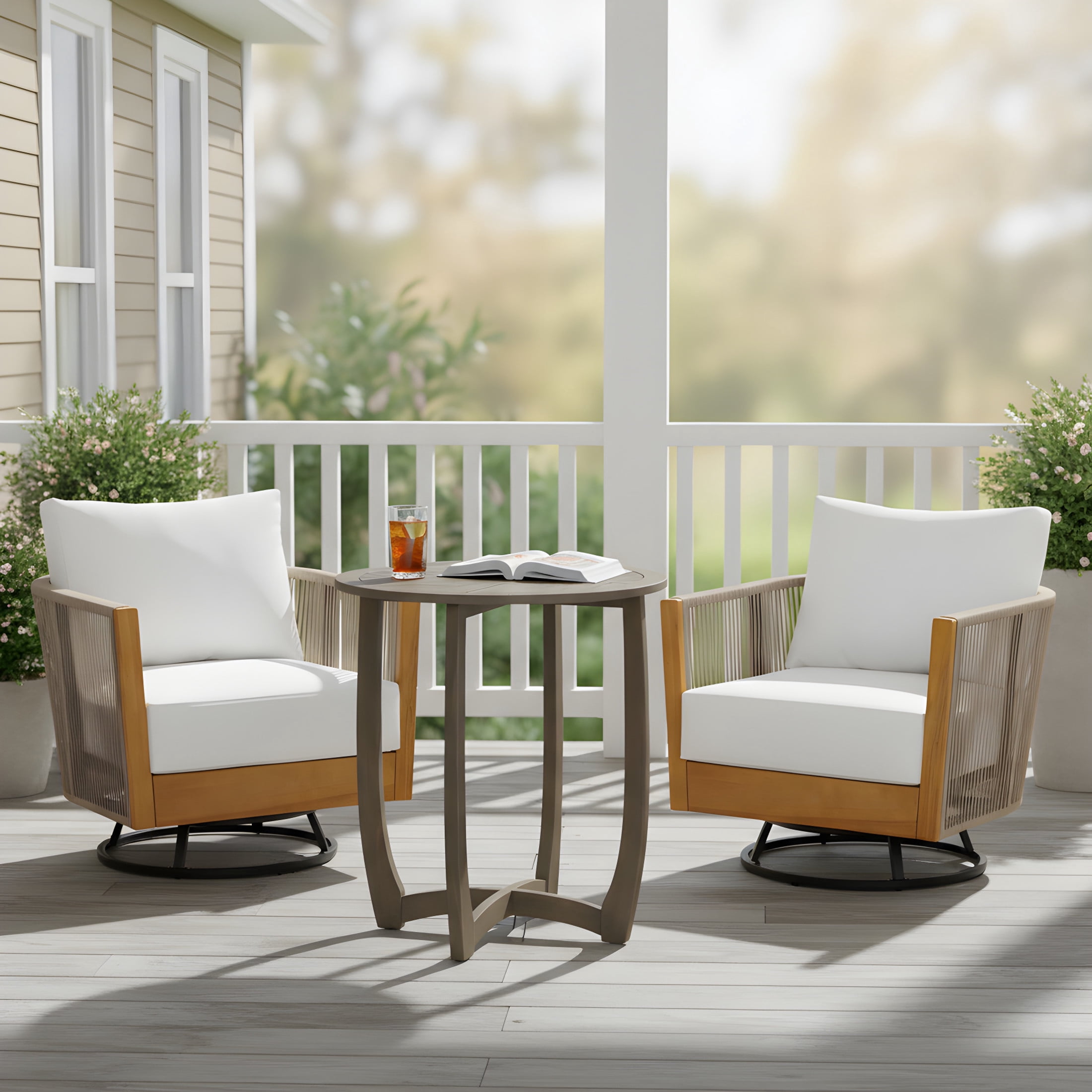 Christopher Knight Home 3-Piece Acacia Wood Swivel Chairs and Bistro Table Set, Beige + Gray