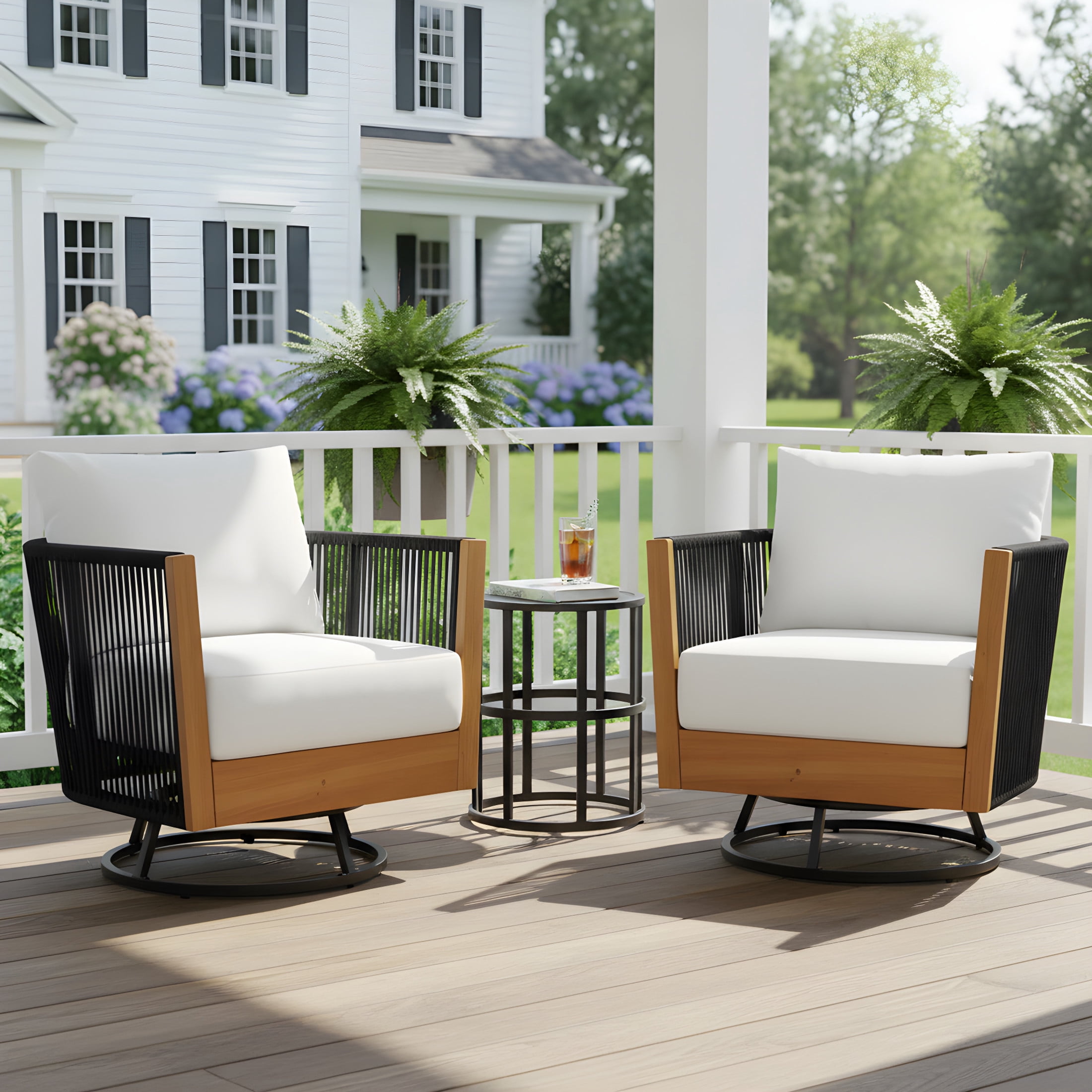 Christopher Knight Home 3-Piece Acacia Wood Swivel Chairs and Ceramic Side Table Set, Natural + Black