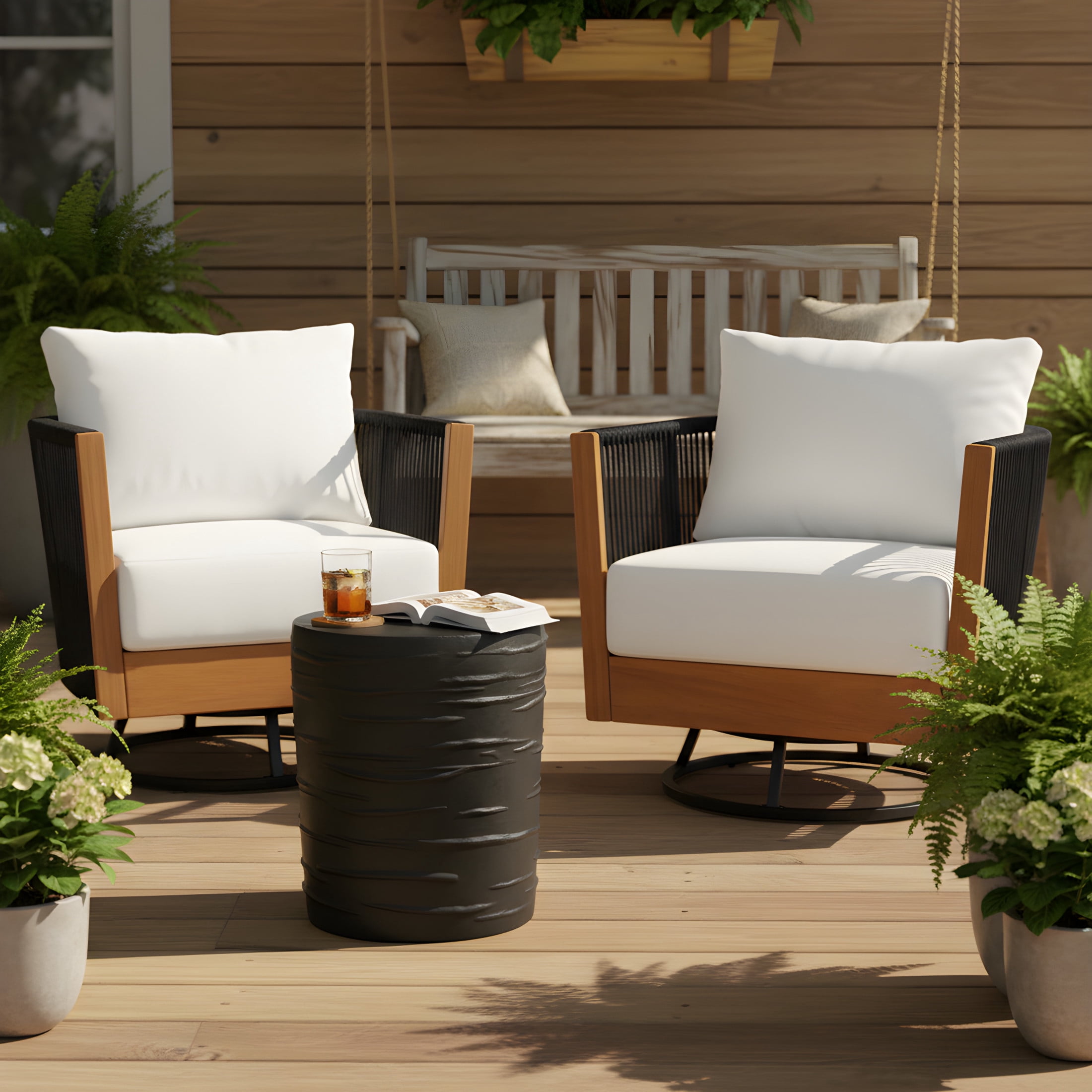 Christopher Knight Home 3-Piece Acacia Wood Swivel Chairs and Concrete Side Table Set, Natural + Black