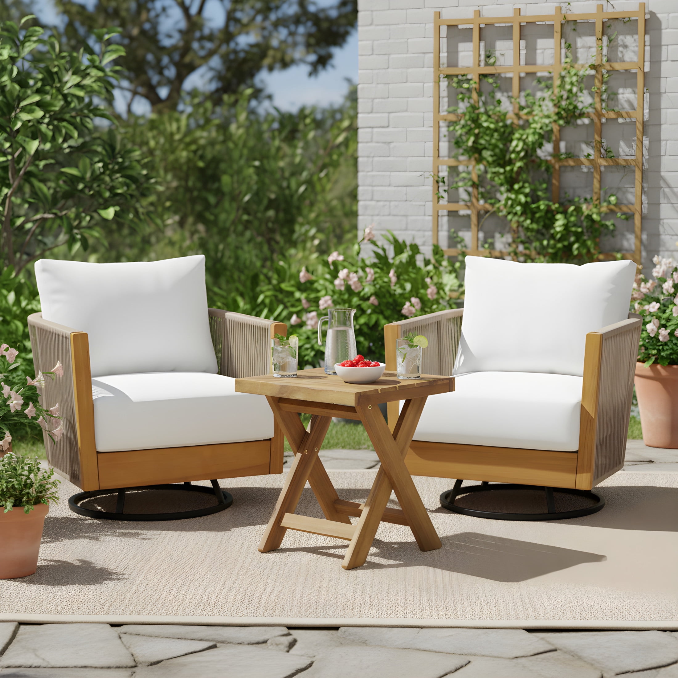 Christopher Knight Home 3-Piece Acacia Wood Swivel Chairs and Side Table Set, Natural + Beige