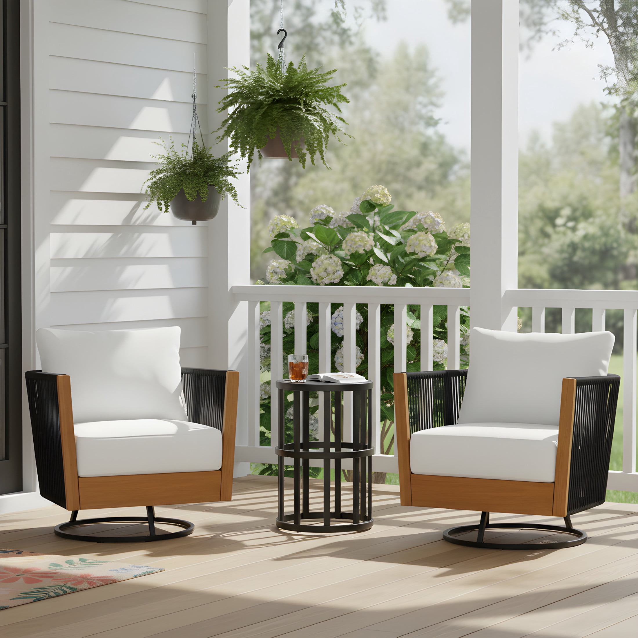 Christopher Knight Home 3-Piece Acacia Wood Swivel Chairs and Side Table Set, Natural + Black