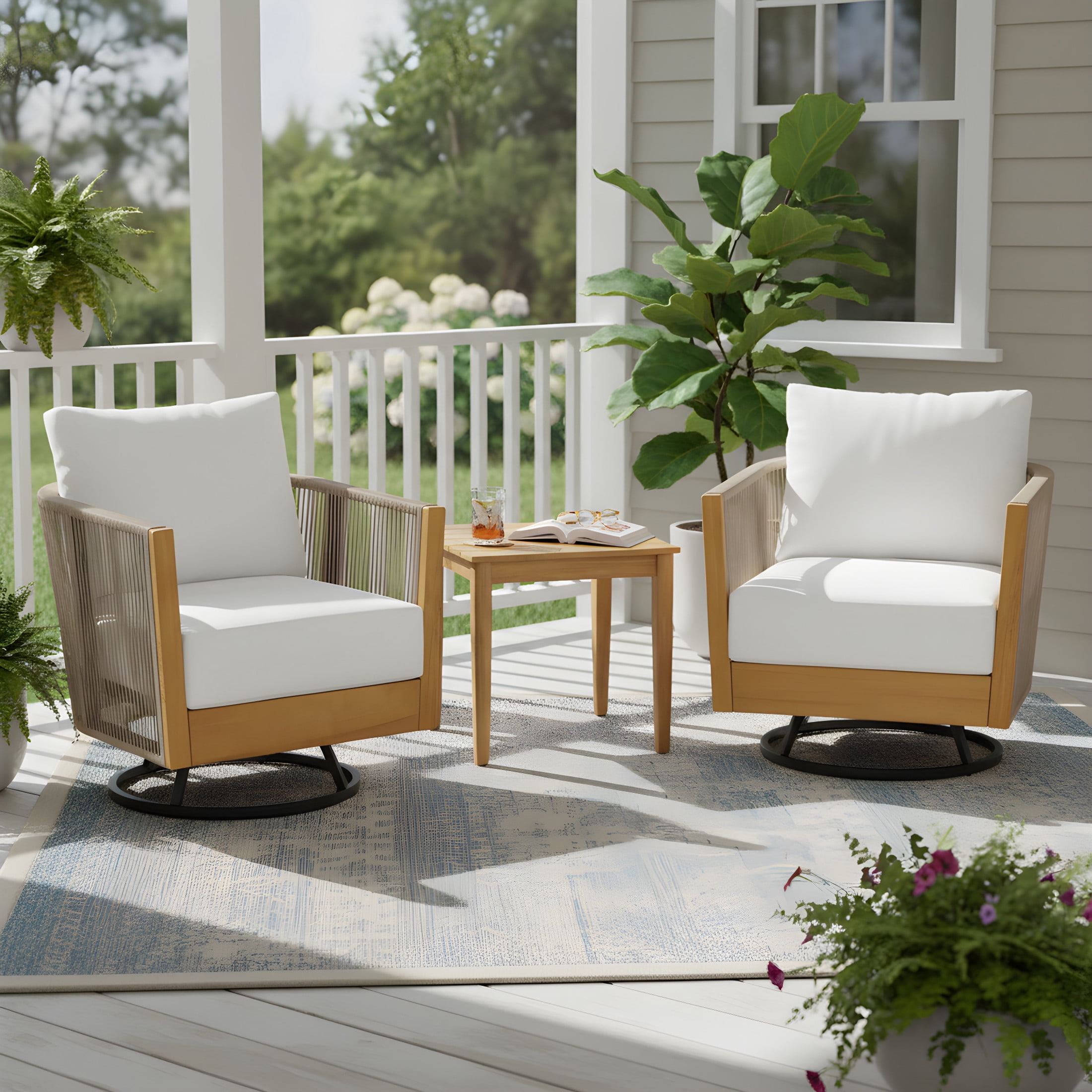 Christopher Knight Home 3-Piece Acacia Wood Swivel Chairs and Slat Side Table Set, Natural + Beige