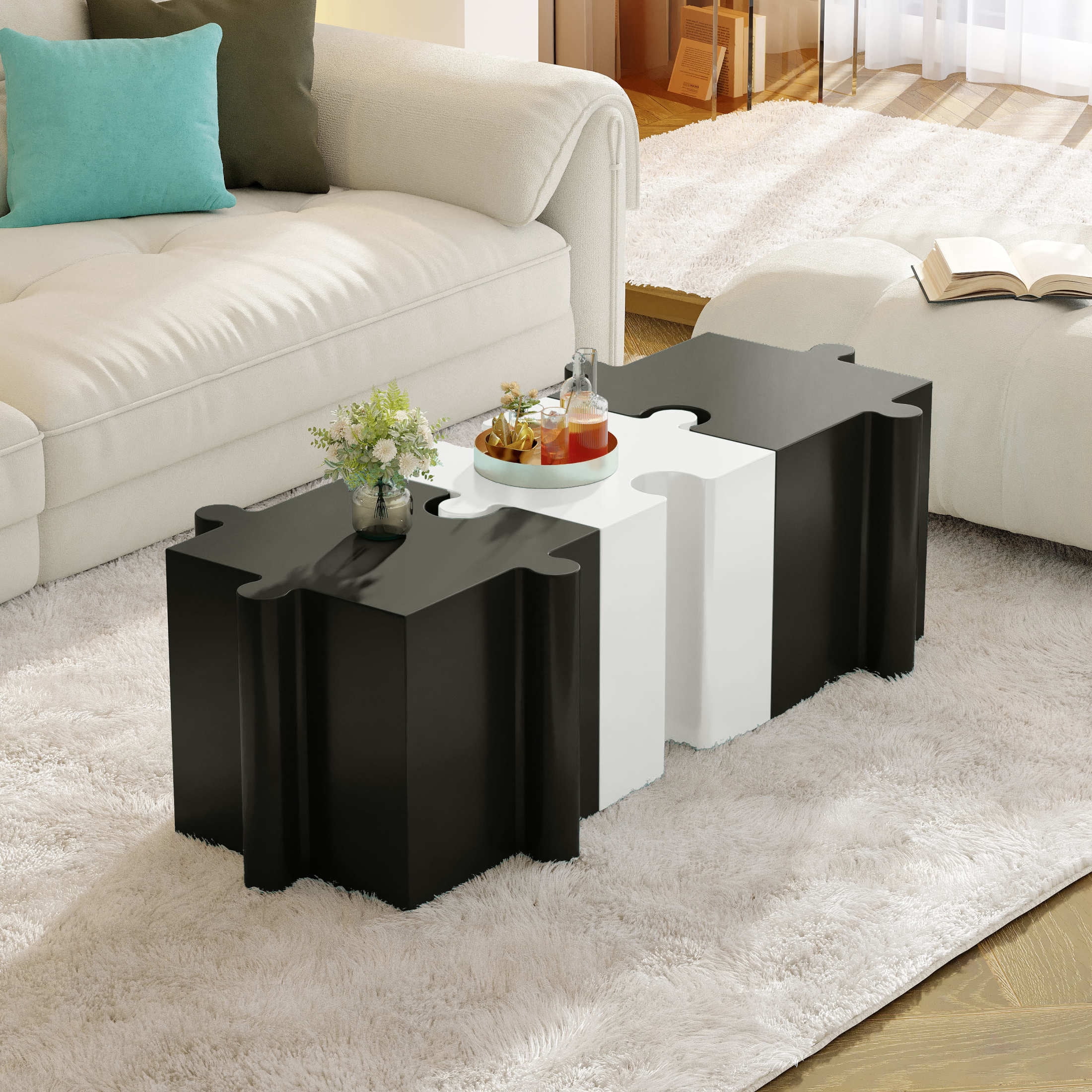 Christopher Knight Home 3-Piece Artistic Puzzle Table Set, 47" Modular Interlocking Design, Indoor Outdoor Use, Black+White