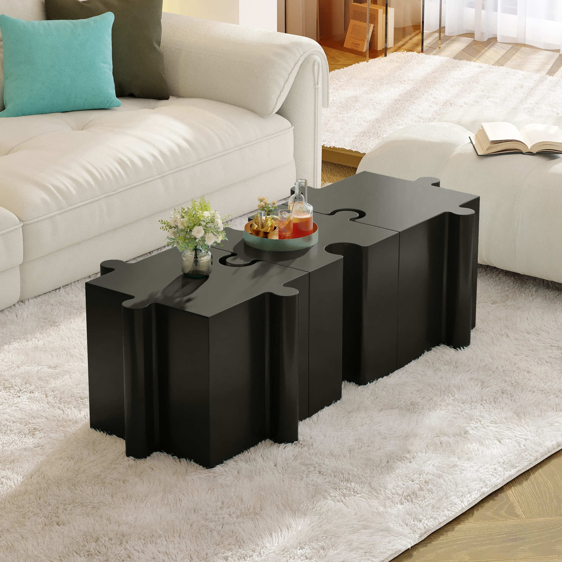Christopher Knight Home 3-Piece Artistic Puzzle Table Set, 47" Modular Interlocking Design, Indoor Outdoor Use, Black
