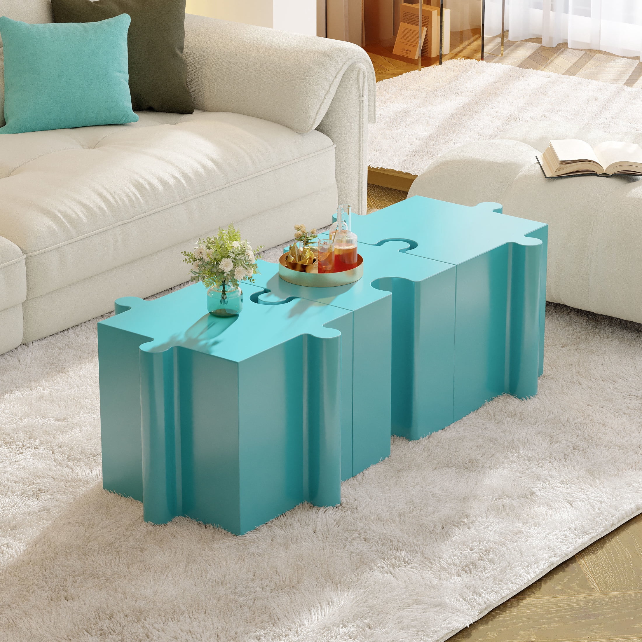 Christopher Knight Home 3-Piece Artistic Puzzle Table Set, 47" Modular Interlocking Design, Indoor Outdoor Use, Light Blue