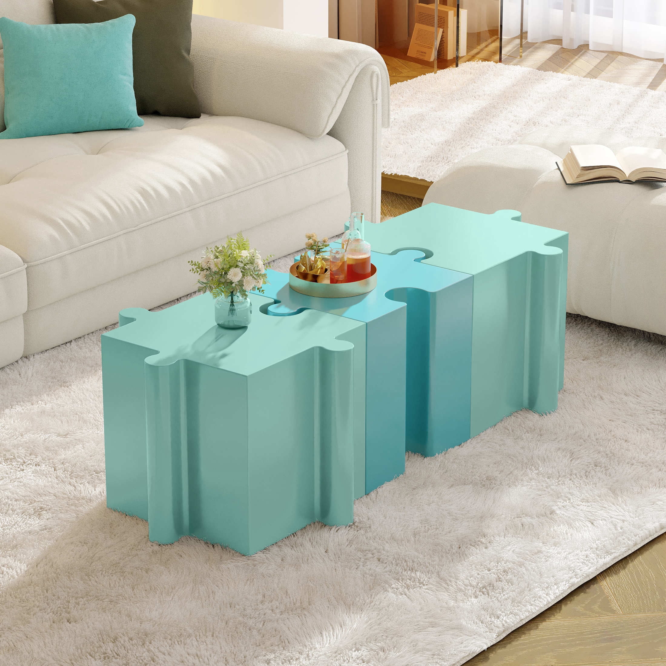 Christopher Knight Home 3-Piece Artistic Puzzle Table Set, 47" Modular Interlocking Design, Indoor Outdoor Use, Light Green+Light Blue