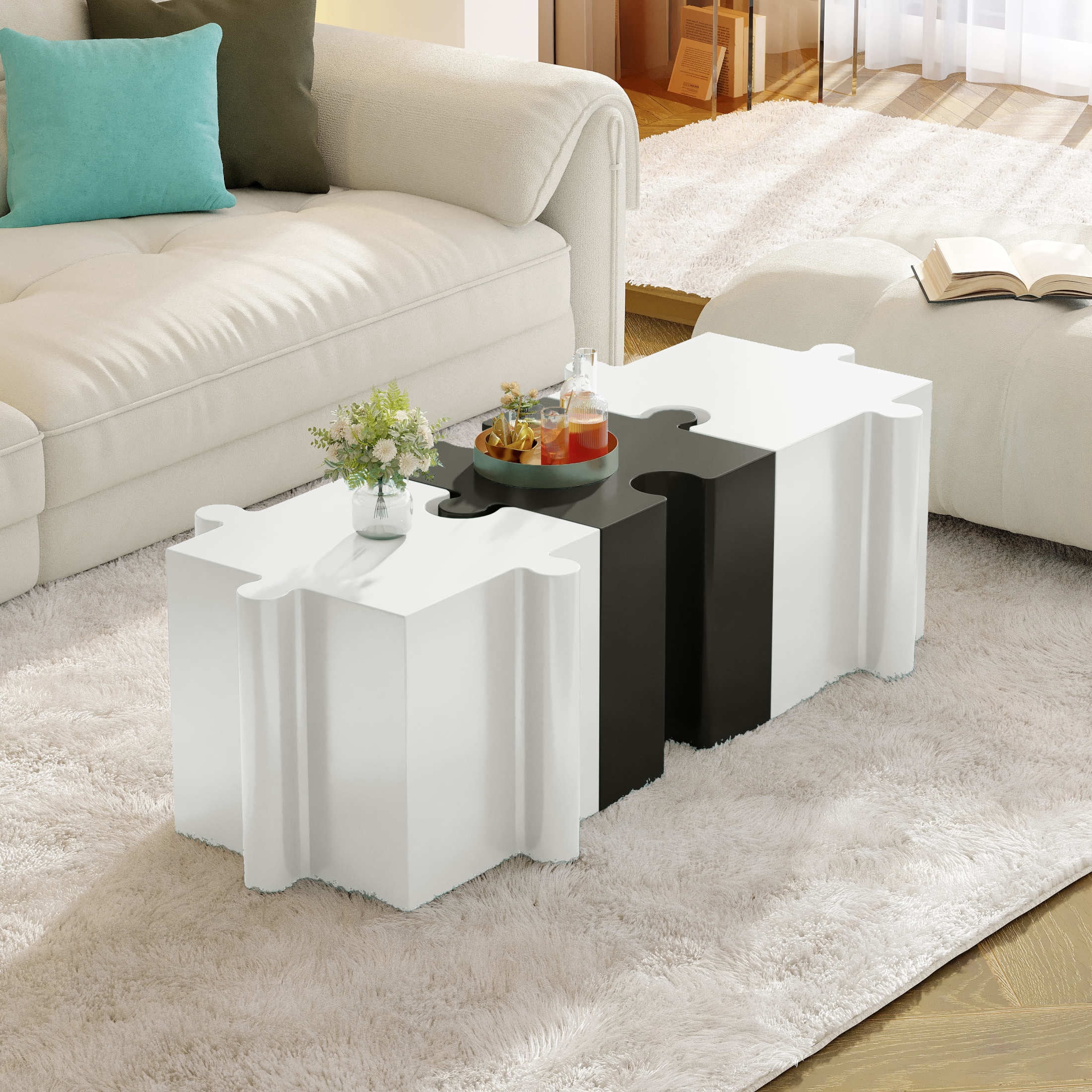 Christopher Knight Home 3-Piece Artistic Puzzle Table Set, 47" Modular Interlocking Design, Indoor Outdoor Use, White+Black