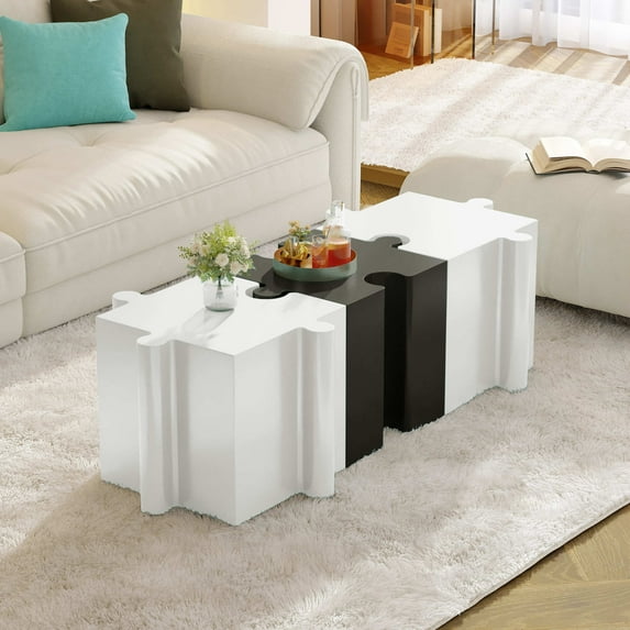 Christopher Knight Home 3-Piece Artistic Puzzle Table Set, 47" Modular Interlocking Design, Indoor Outdoor Use, White+Black