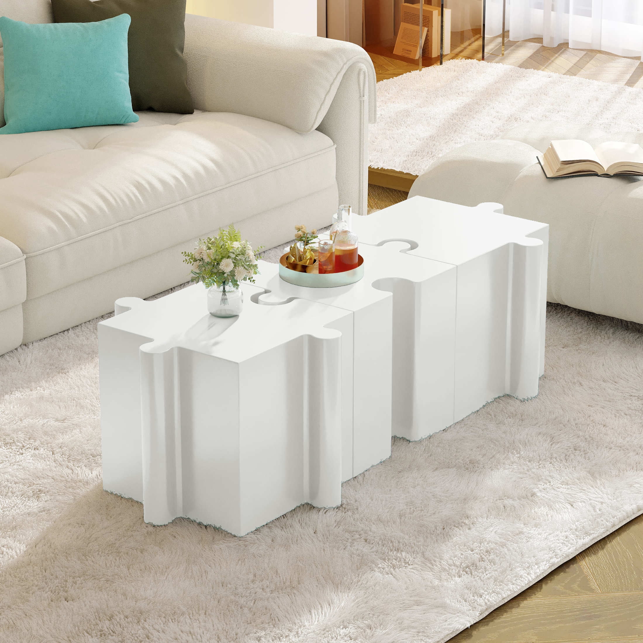Christopher Knight Home 3-Piece Artistic Puzzle Table Set, 47" Modular Interlocking Design, Indoor Outdoor Use, White