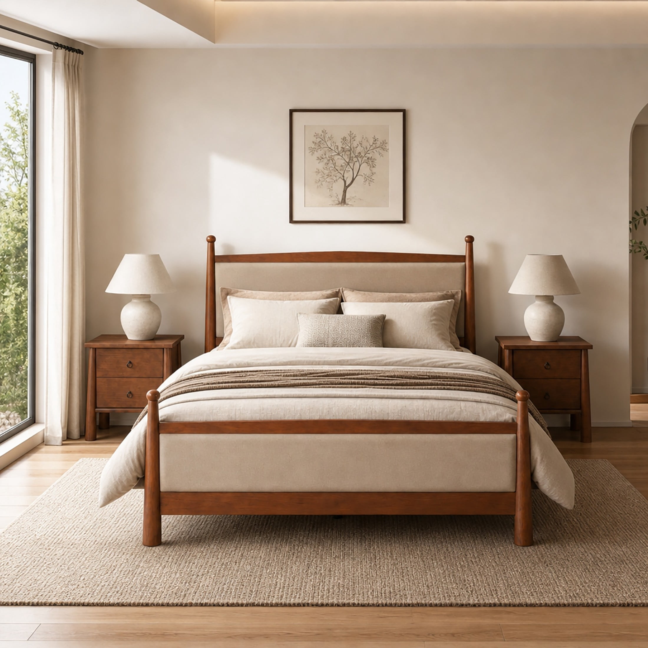 Christopher Knight Home 3-Piece Bedroom Set with King Upholstered Bed and 2 Nightstands, Cherry+Brown