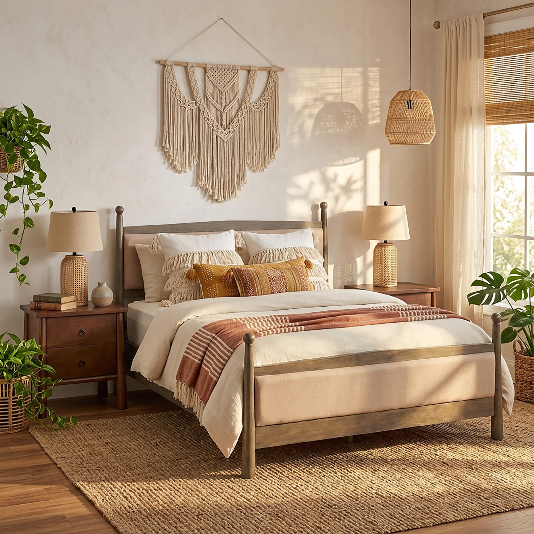 Christopher Knight Home 3-Piece Bedroom Set with King Upholstered Bed and 2 Nightstands, Natural+Brown