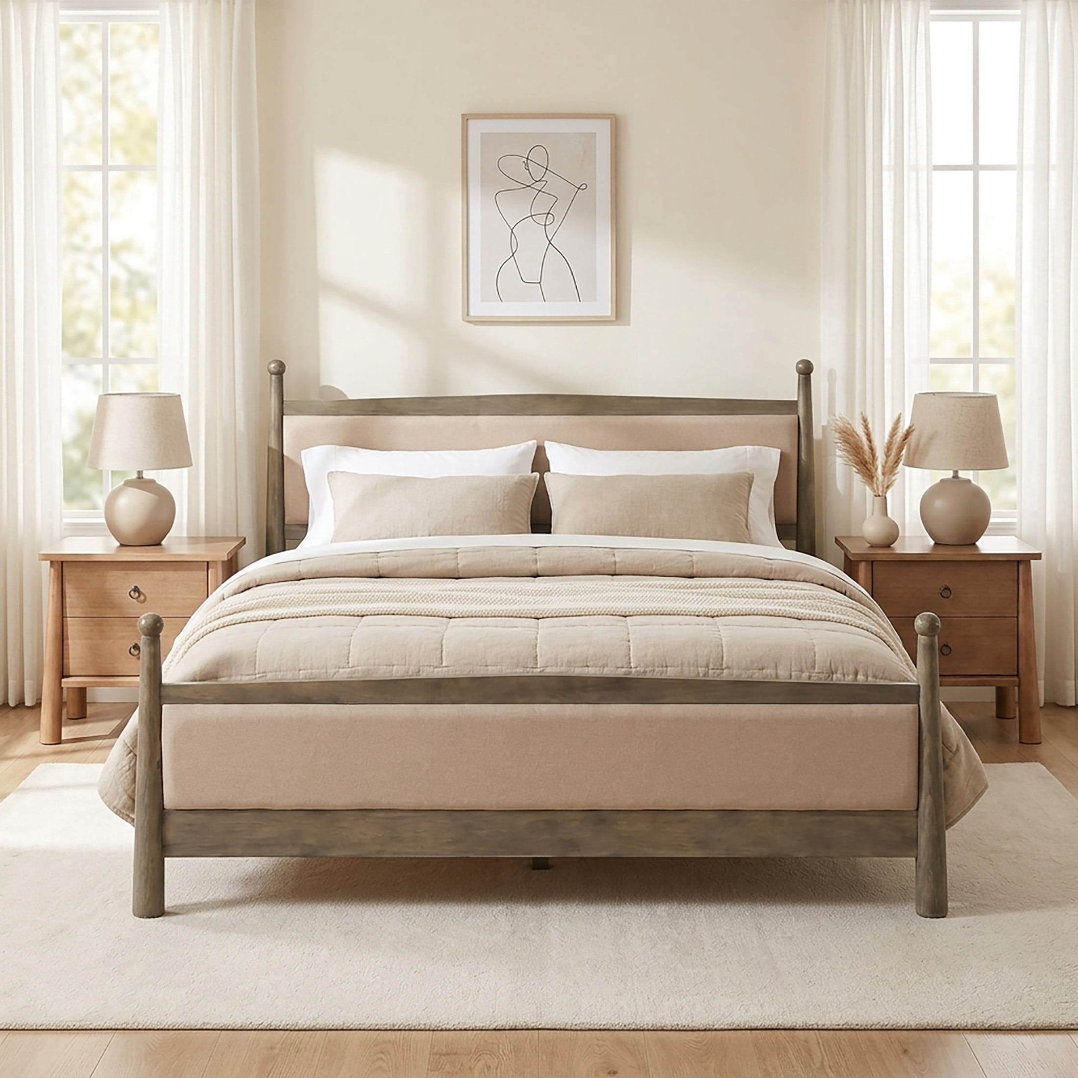 Christopher Knight Home 3-Piece Bedroom Set with King Upholstered Bed and 2 Nightstands, Natural