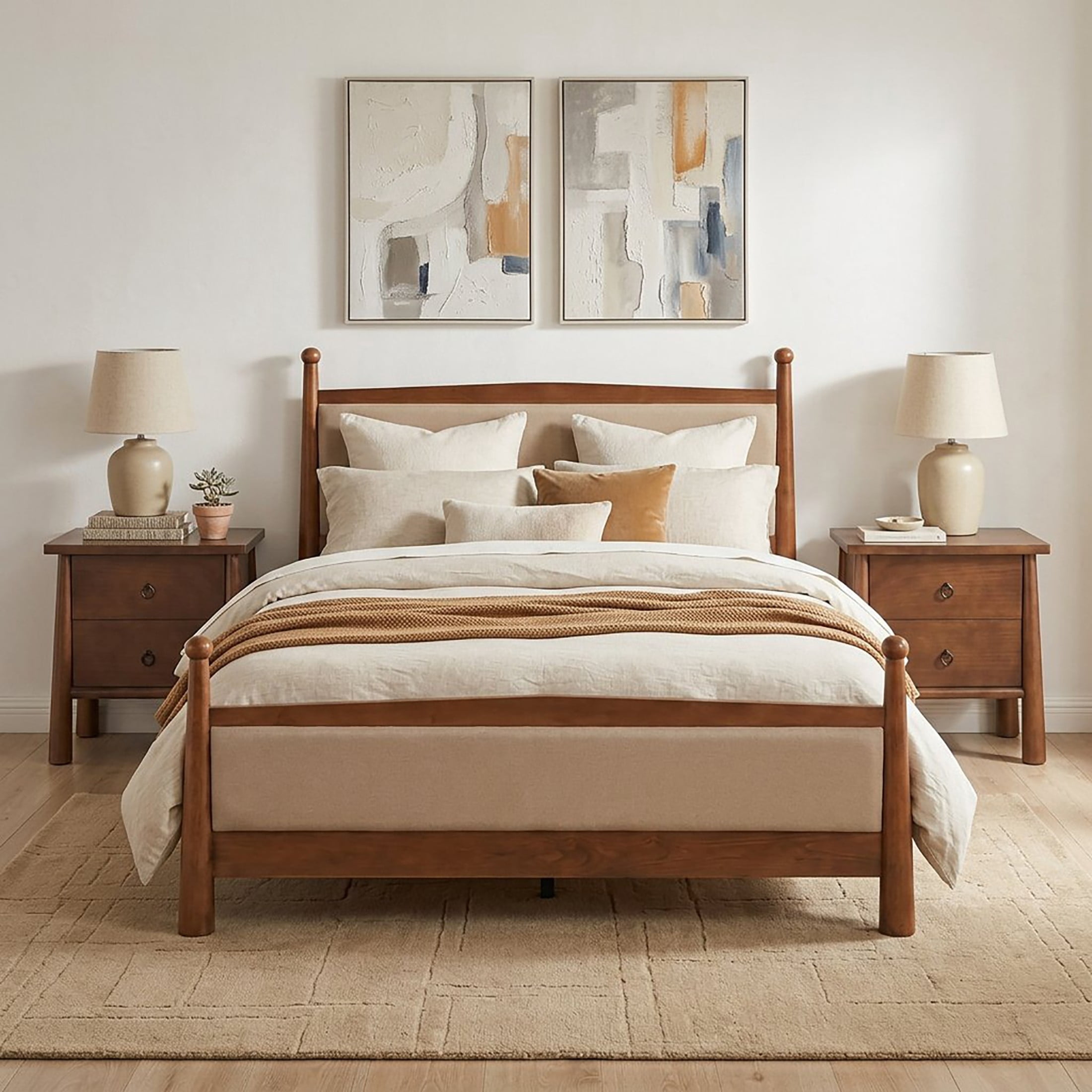 Christopher Knight Home 3-Piece Bedroom Set with Queen Upholstered Bed and 2 Nightstands, Cherry+Brown