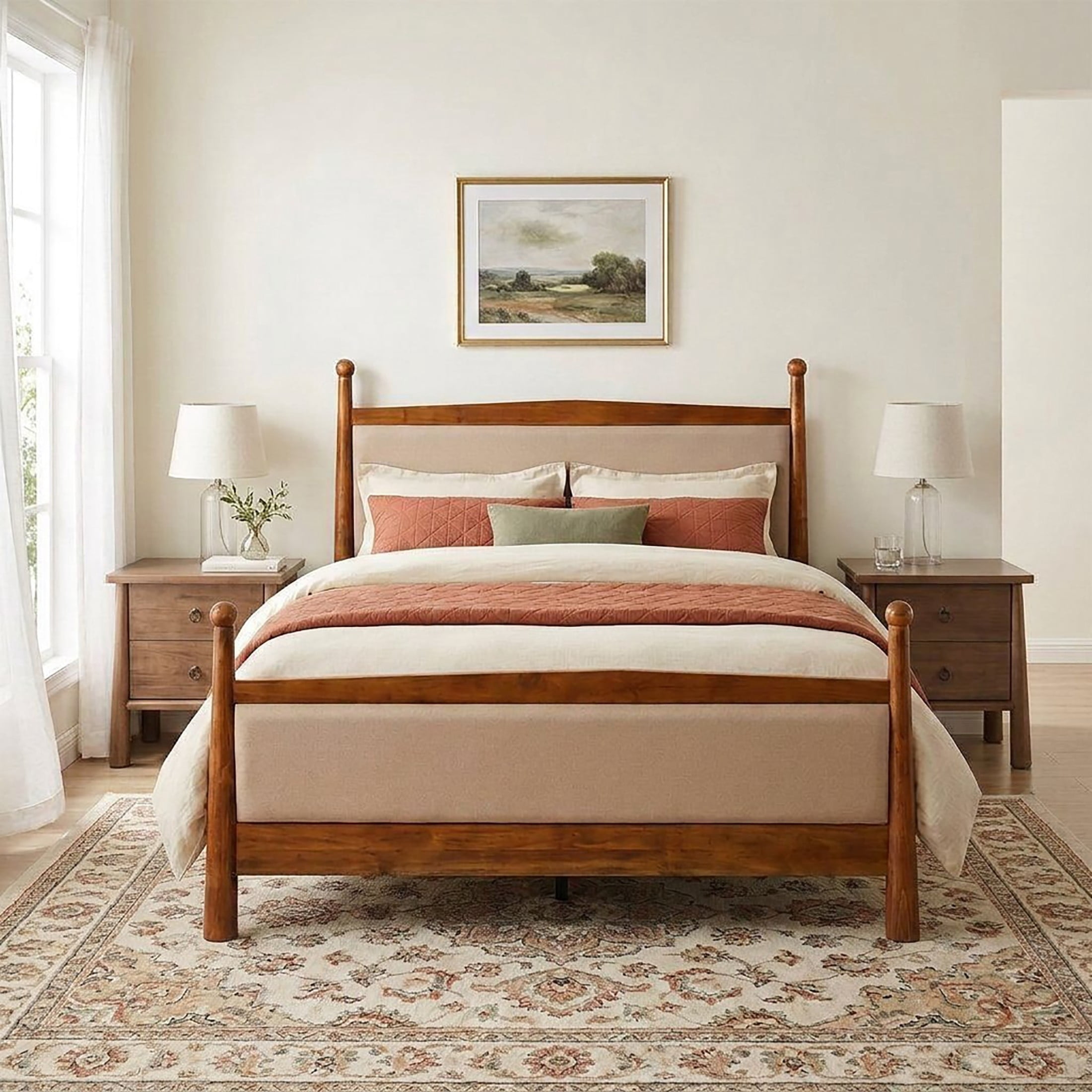 Christopher Knight Home 3-Piece Bedroom Set with Queen Upholstered Bed and 2 Nightstands, Cherry+Natural