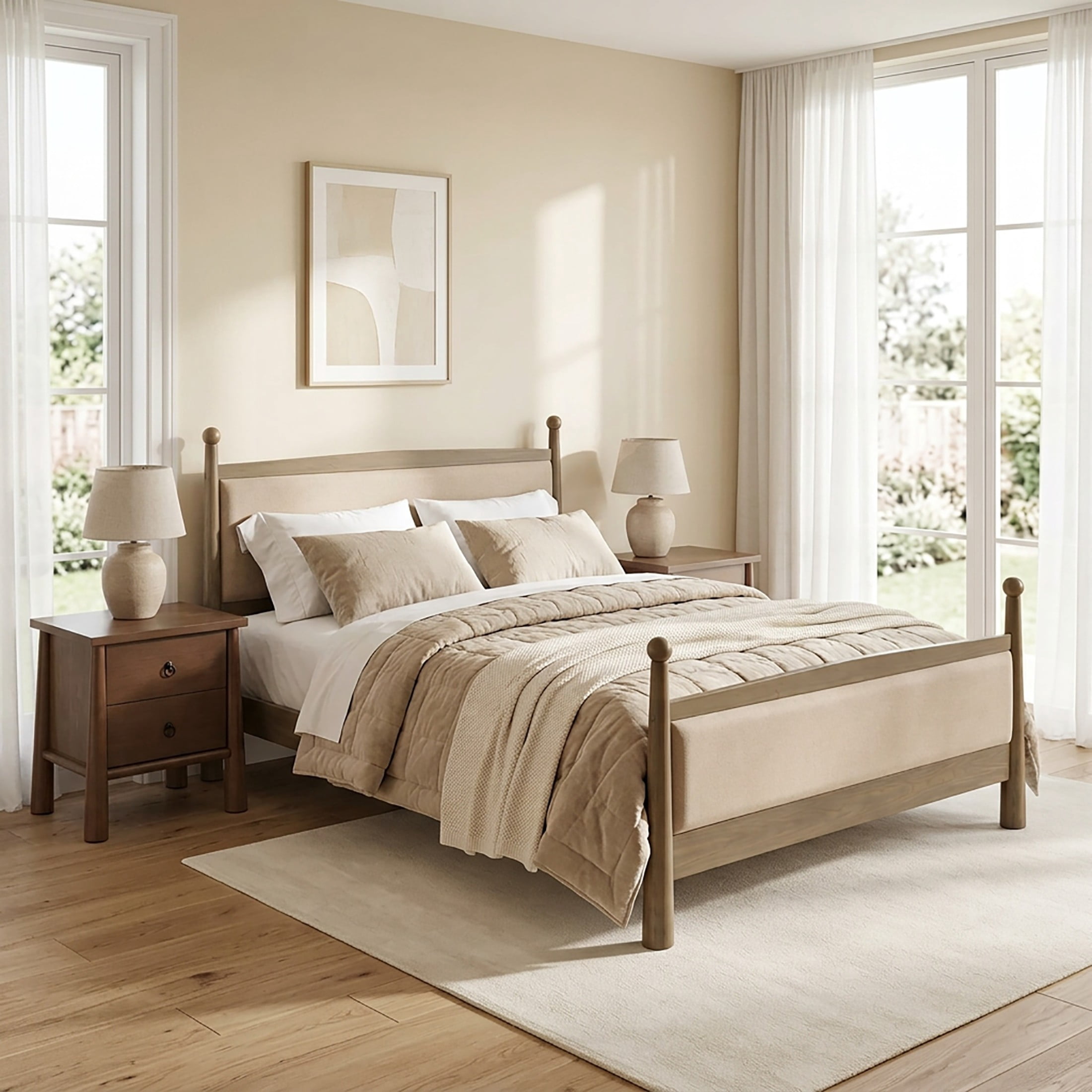 Christopher Knight Home 3-Piece Bedroom Set with Queen Upholstered Bed and 2 Nightstands, Natural+Brown
