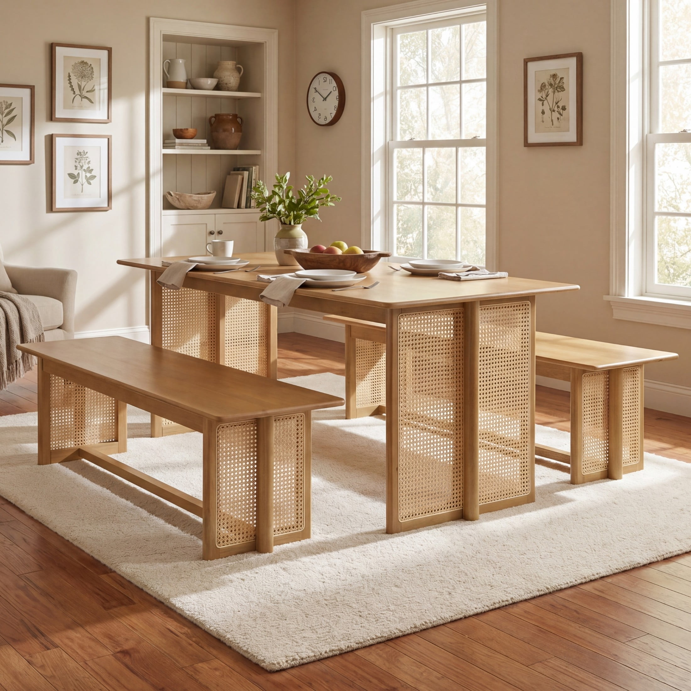 Christopher Knight Home 3-Piece Bohemian Wood Dining Table with Benches for 6, Rattan Accents, Natural