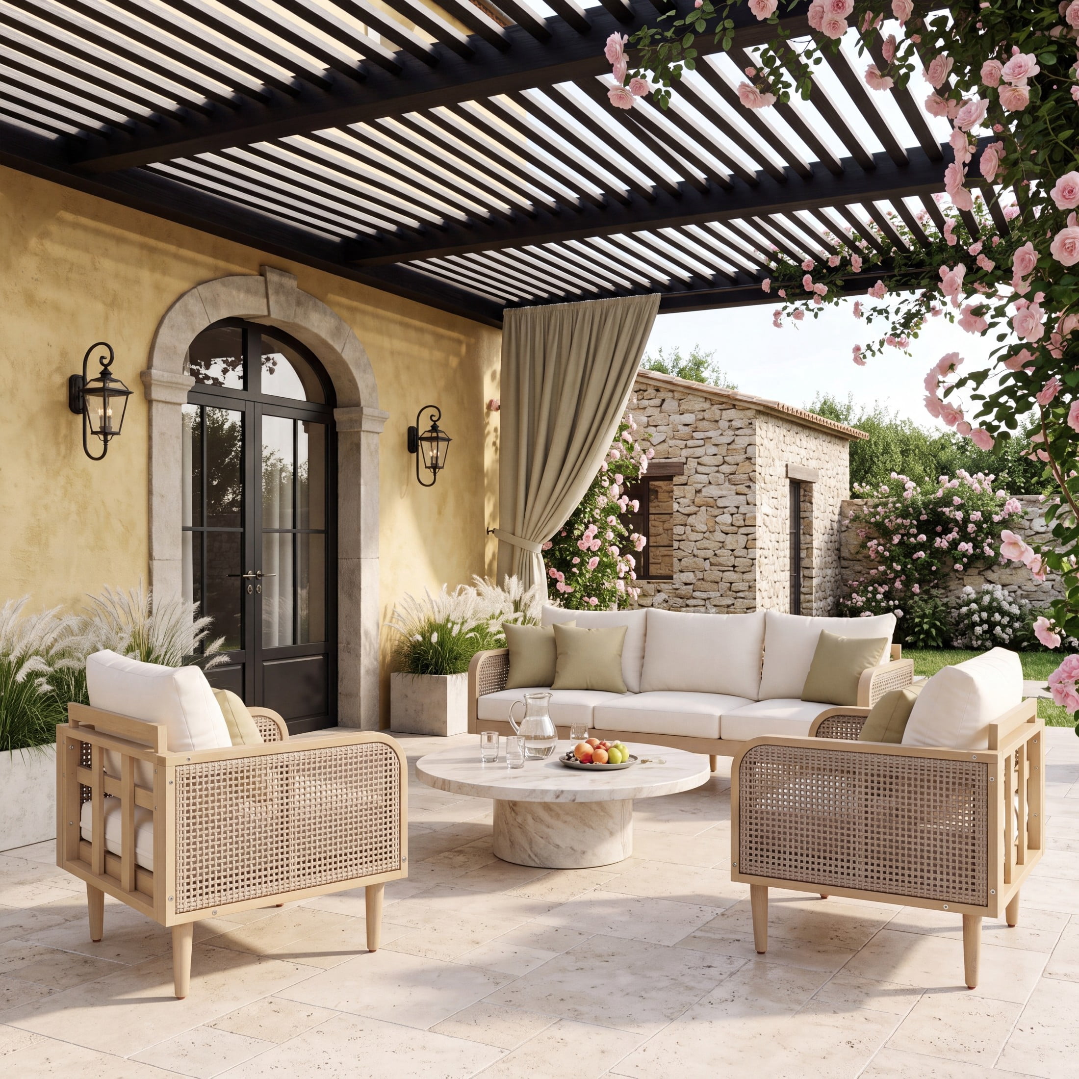 Christopher Knight Home 3-Piece Bohemian Wood Outdoor Sofa Set with Cushions, Seats 5, Light Teak+Cream
