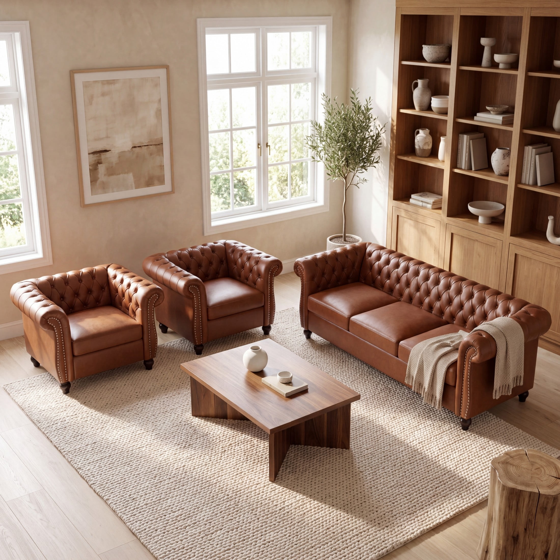 Christopher Knight Home 3-Piece Chesterfield Living Room Set, PU Leather Sofa and Armchairs, Brown