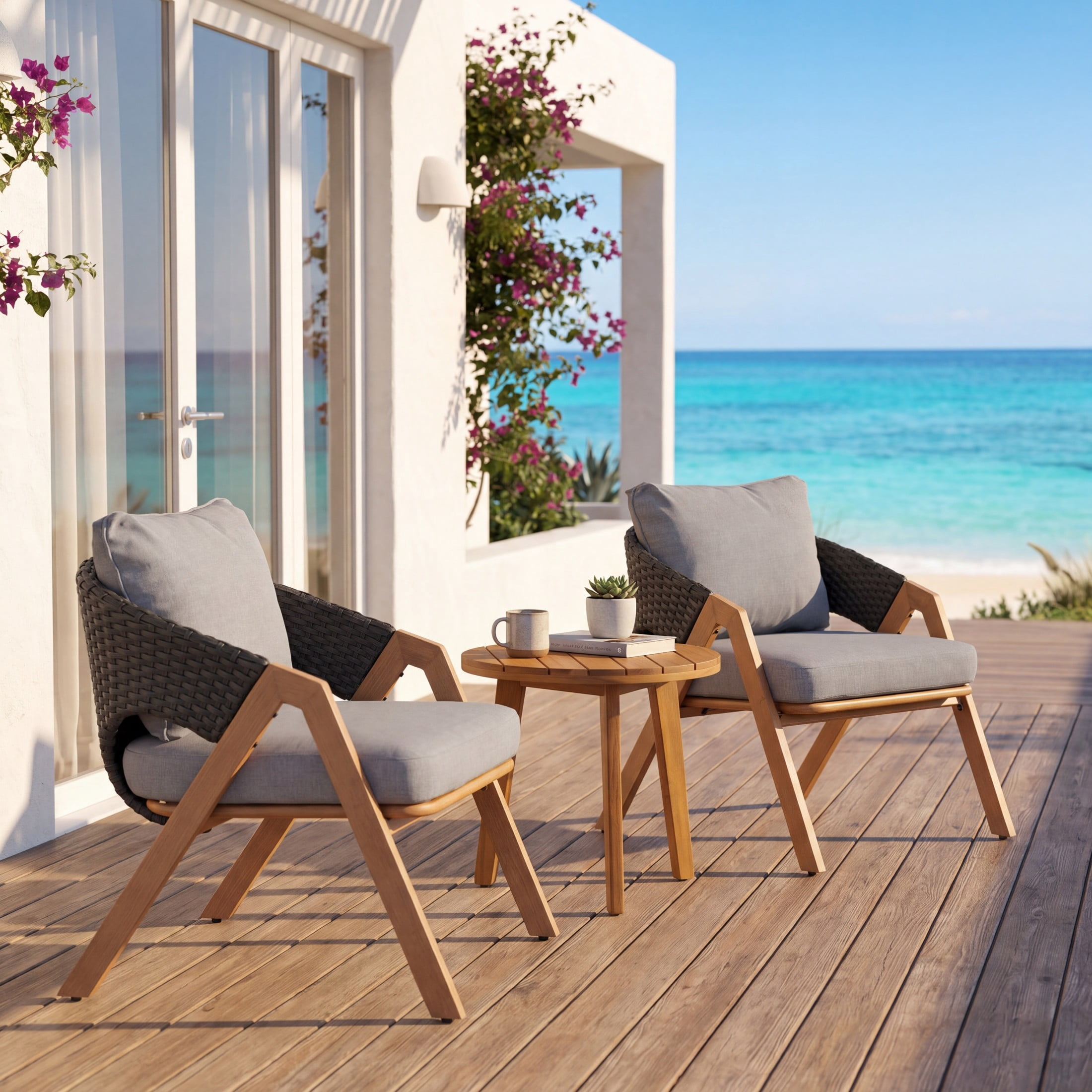 Christopher Knight Home 3-Piece Coastal Patio Chat Set, Rattan Chairs with Wood Side Table, Teak+Gray
