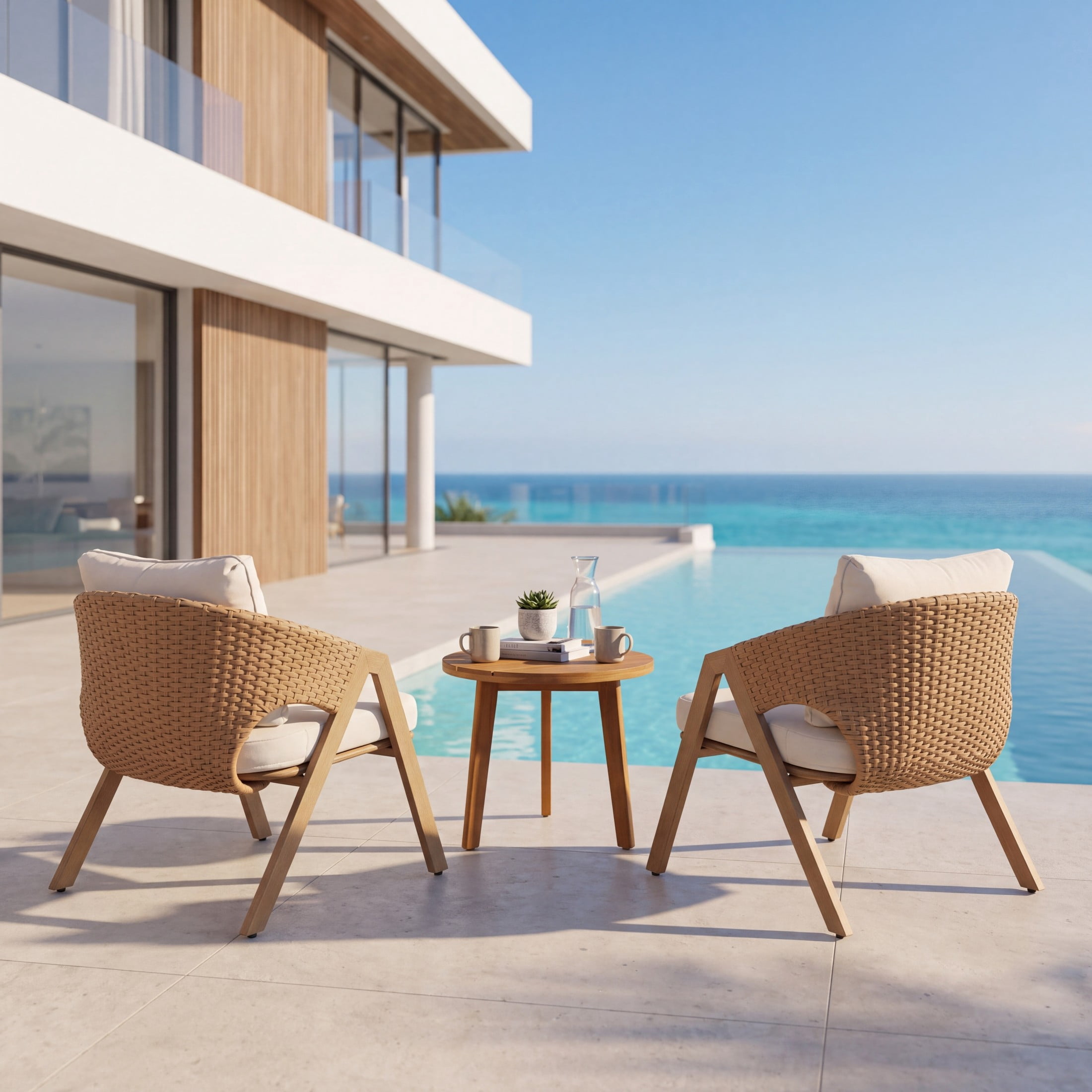 Christopher Knight Home 3-Piece Coastal Patio Chat Set, Rattan Chairs with Wood Side Table, Teak+White