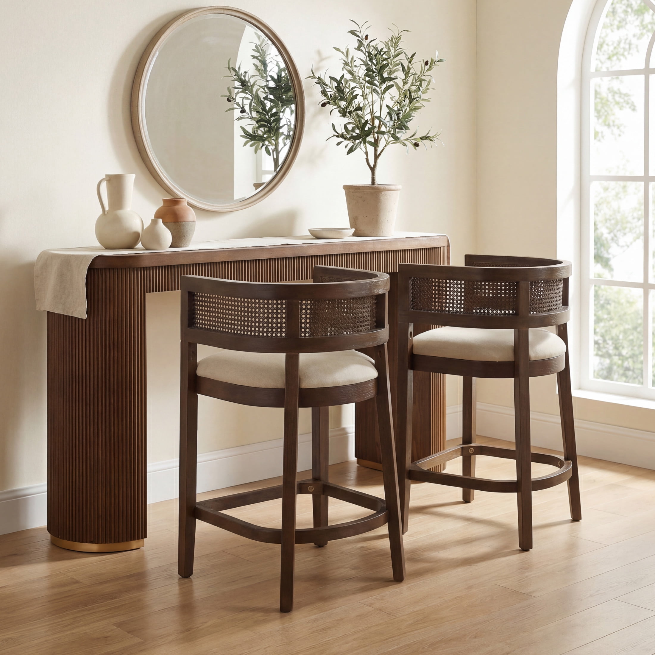 Christopher Knight Home 3-Piece Counter Height Dining Set, Pub Table with Rattan Arm Stools, Walnut