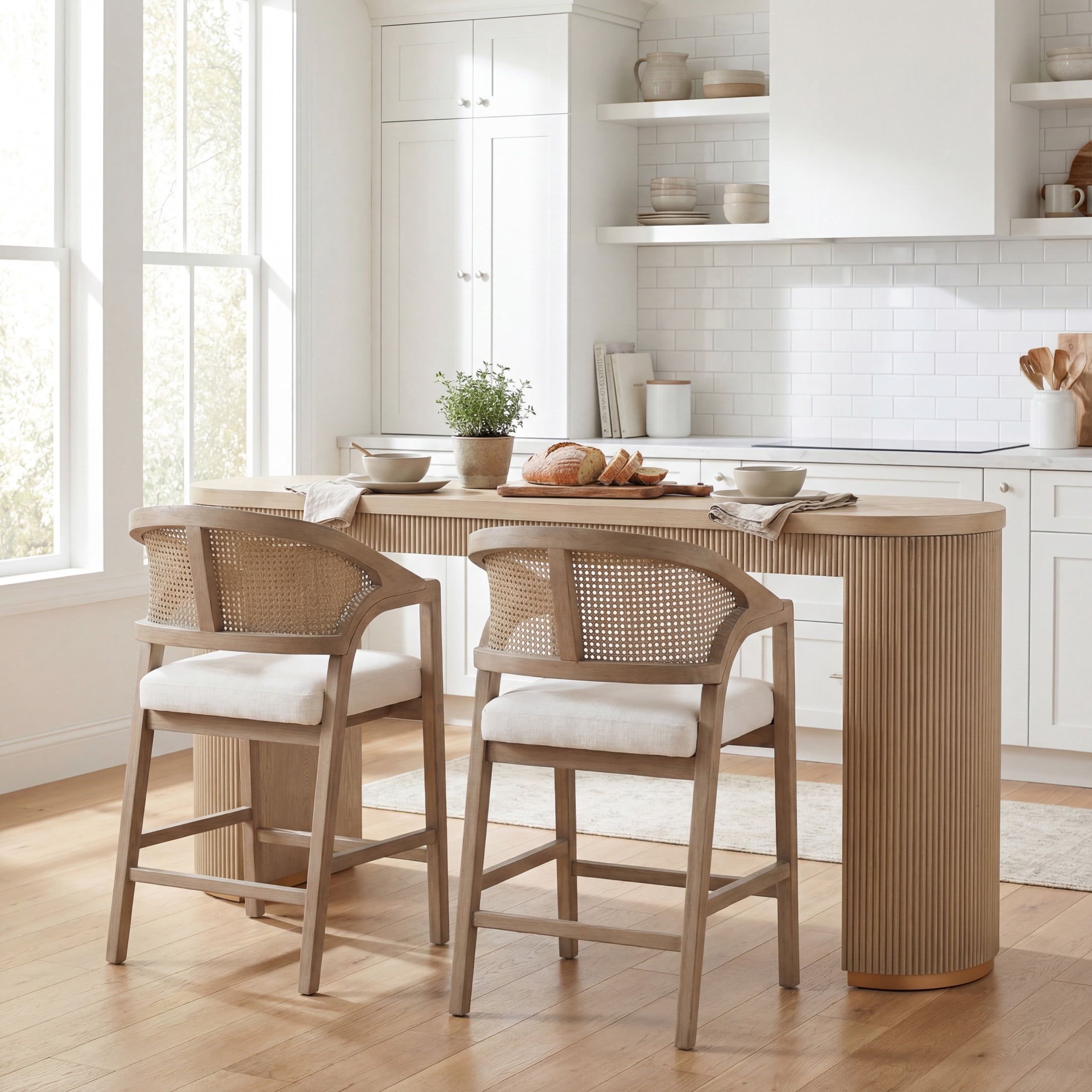 Christopher Knight Home 3-Piece Counter Height Dining Set, Wood Bar Table and Rattan Back Stools, Light Ash