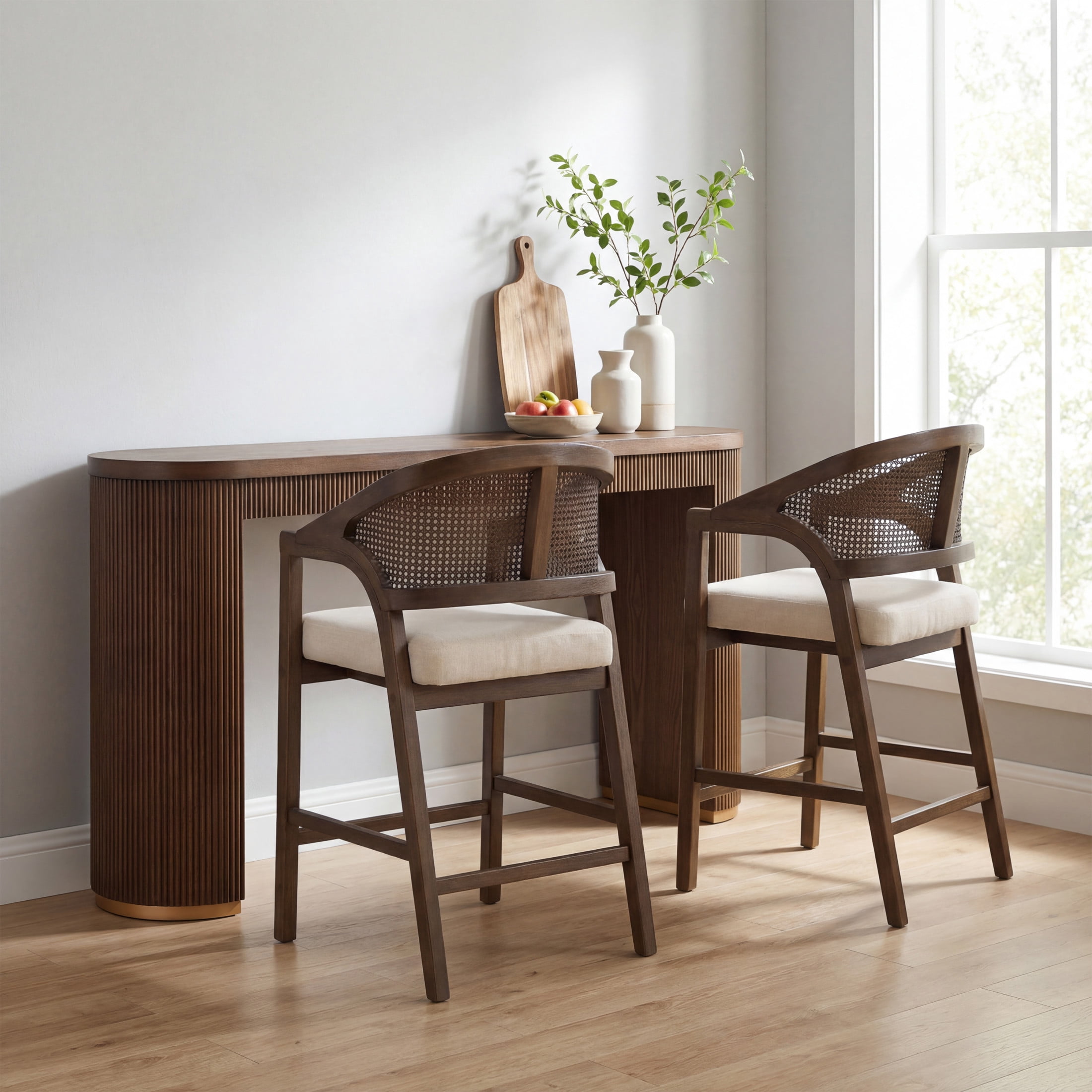 Christopher Knight Home 3-Piece Counter Height Dining Set, Wood Bar Table and Rattan Back Stools, Walnut