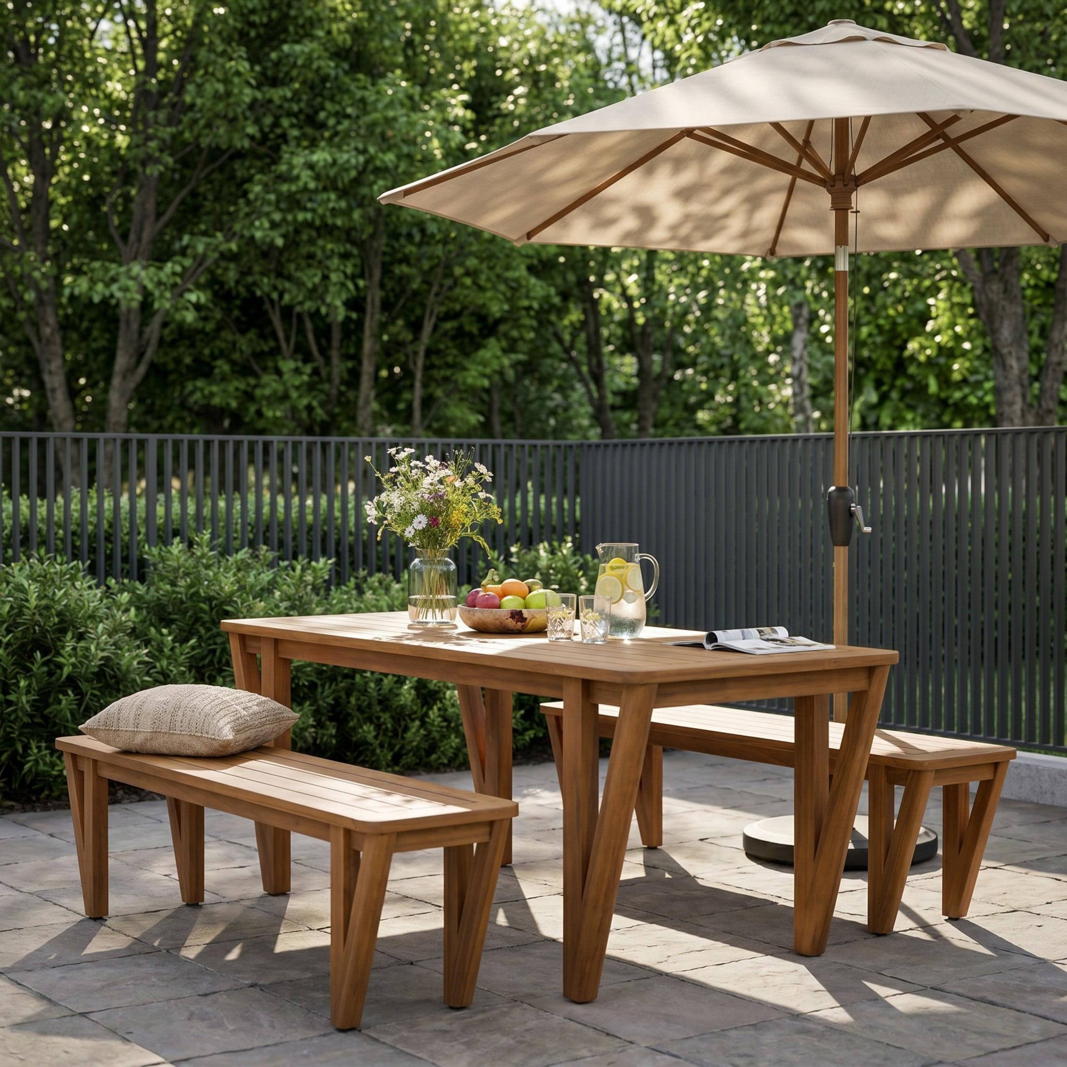 Christopher Knight Home 3-Piece Farmhouse Acacia Wood Patio Dining Table with Benches, Teak