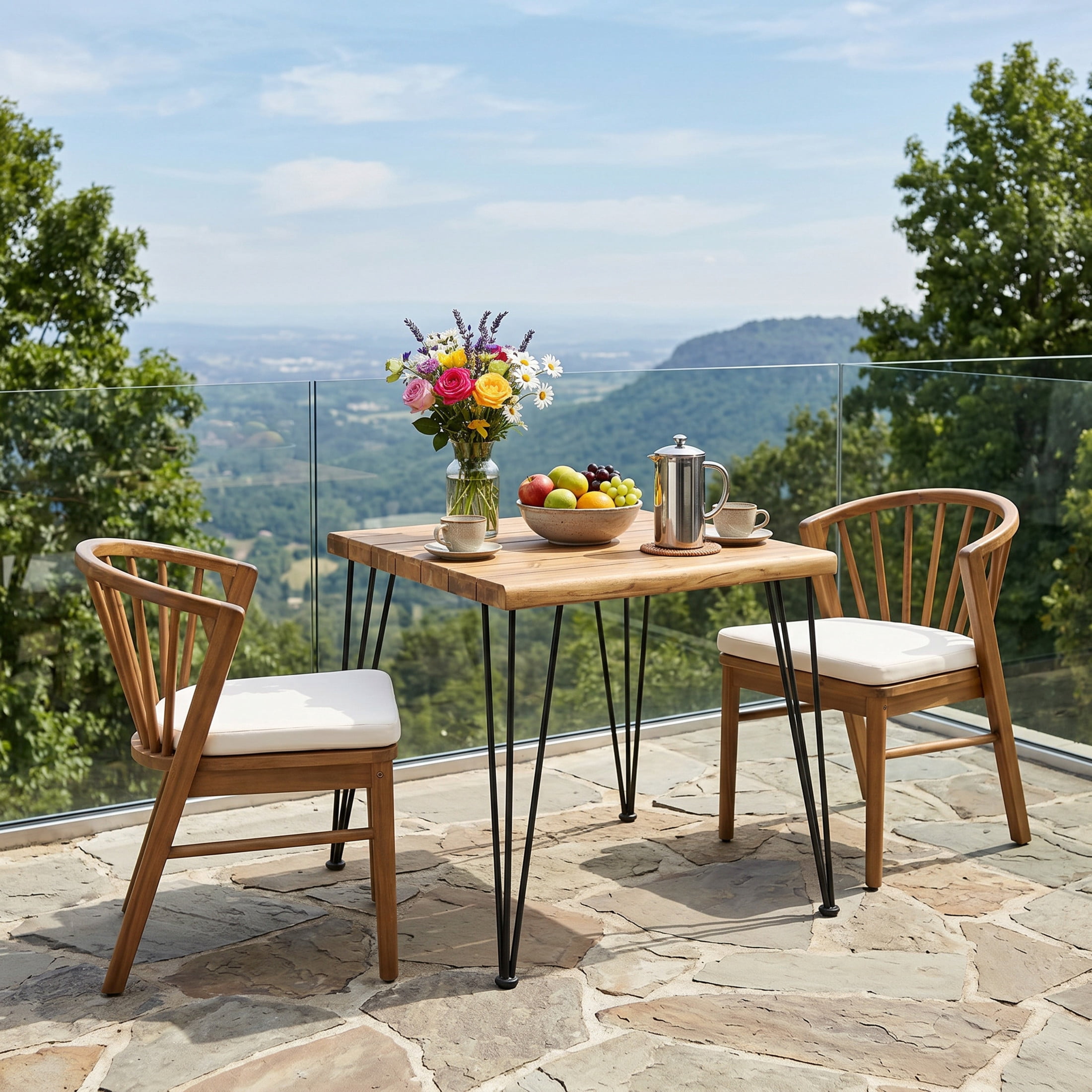 Christopher Knight Home 3-Piece Industrial Patio Dining Set, Windsor Back and Cushion, Teak Cream