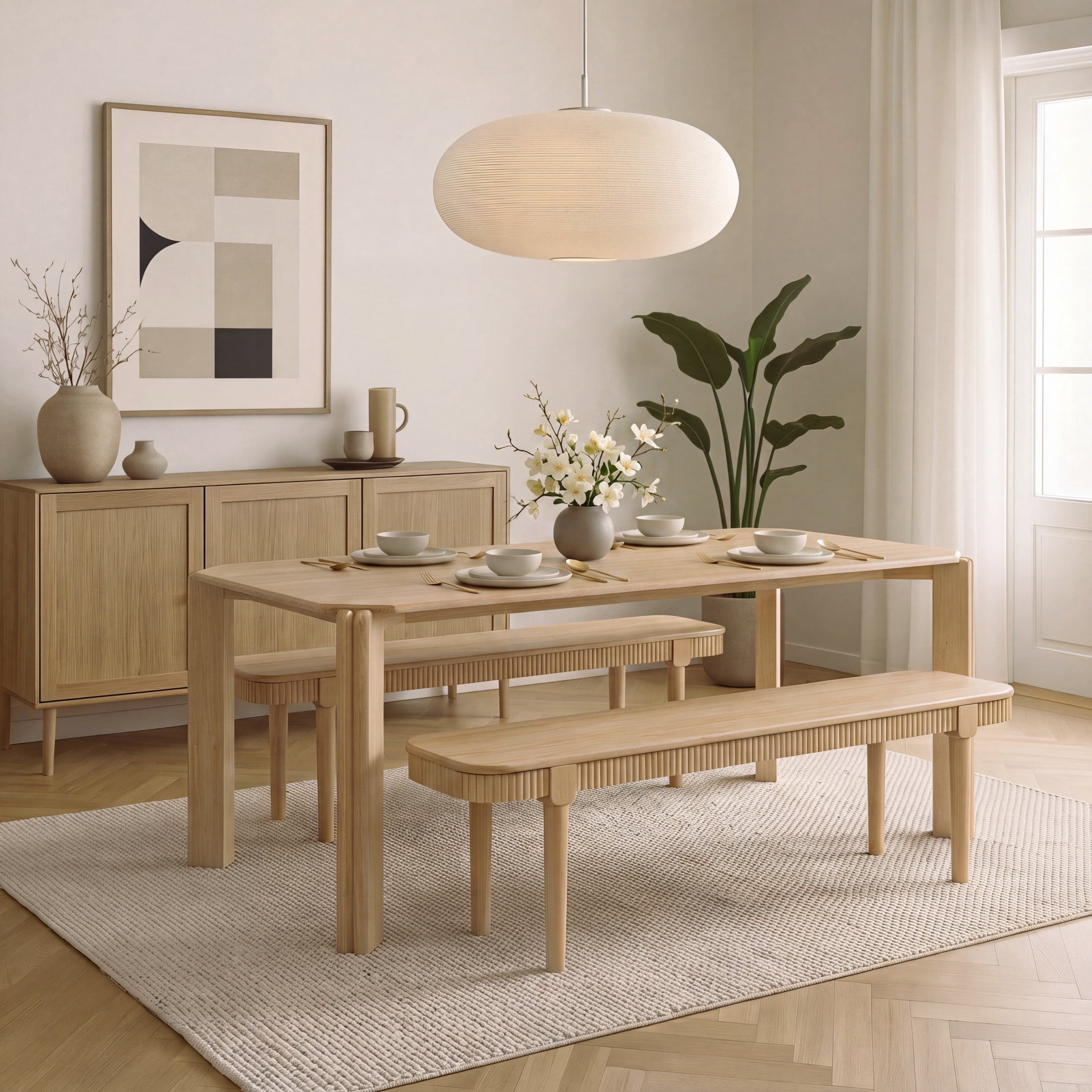 Christopher Knight Home 3-Piece Mid Century Modern Dining Table with Bench Set for 4, Natural