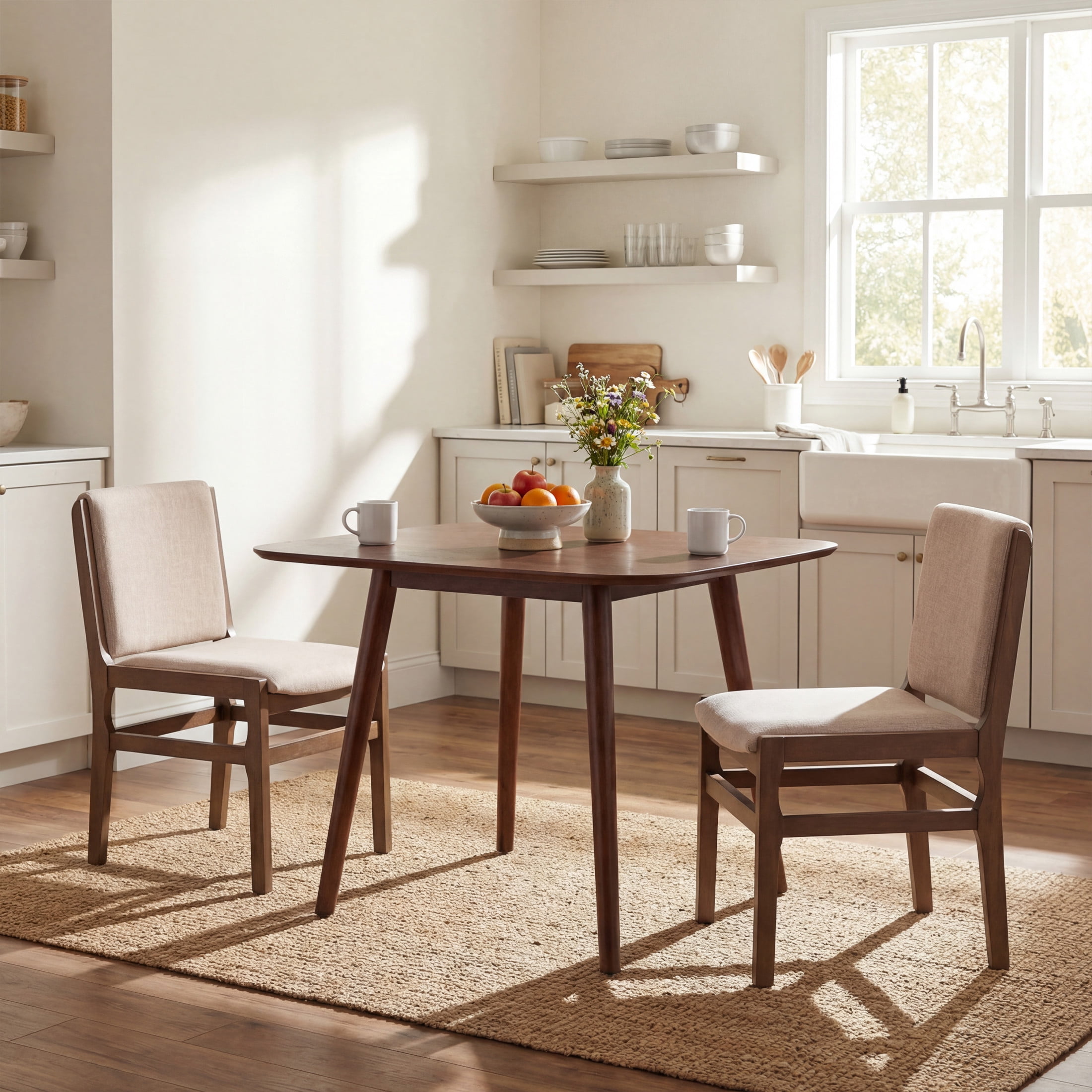 Christopher Knight Home 3-Piece Mid Century Modern Dining Table with Upholstered Chairs, Walnut