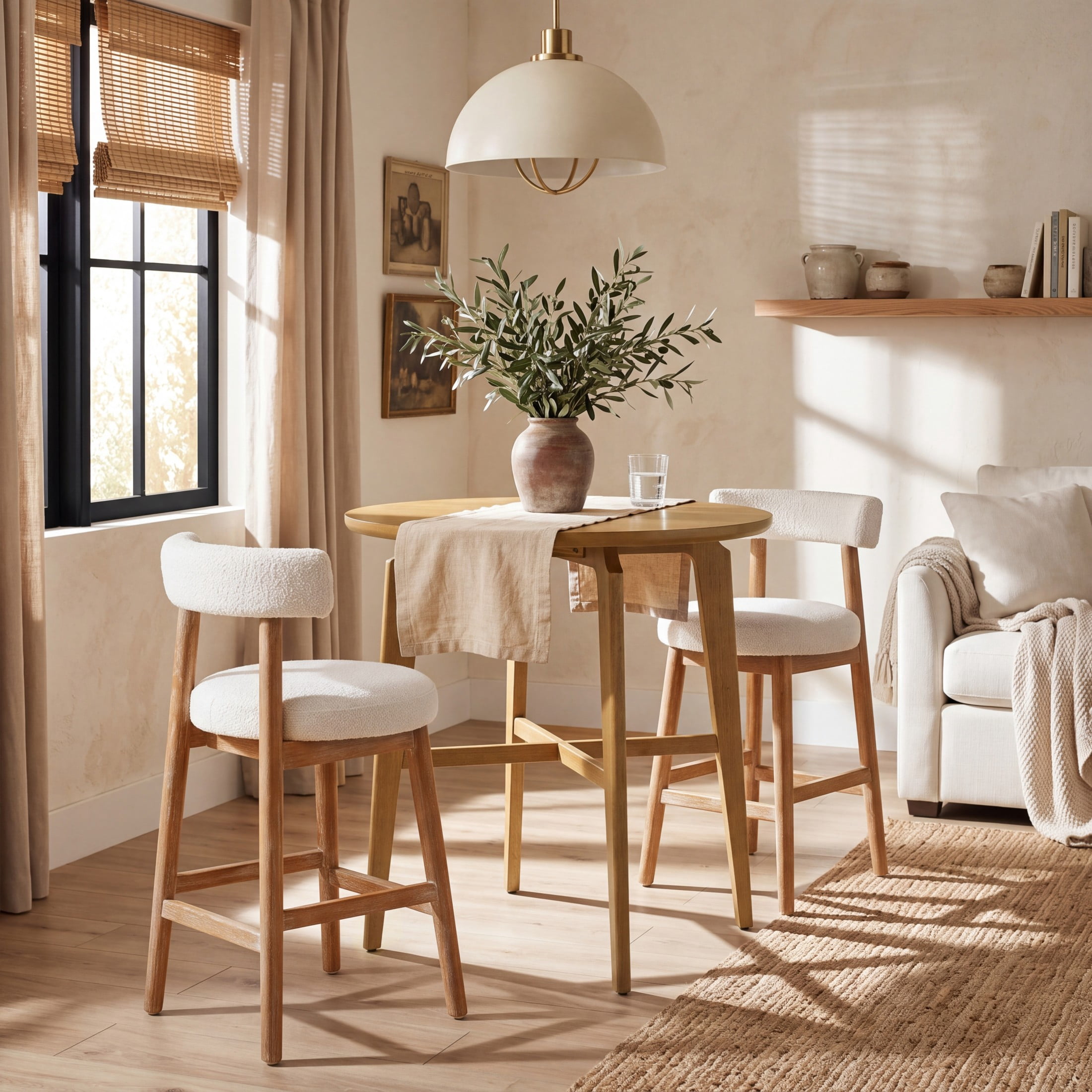 Christopher Knight Home 3-Piece Minimalist Bar Set, Round Wood Table with Counter Stools, Natural+Beige