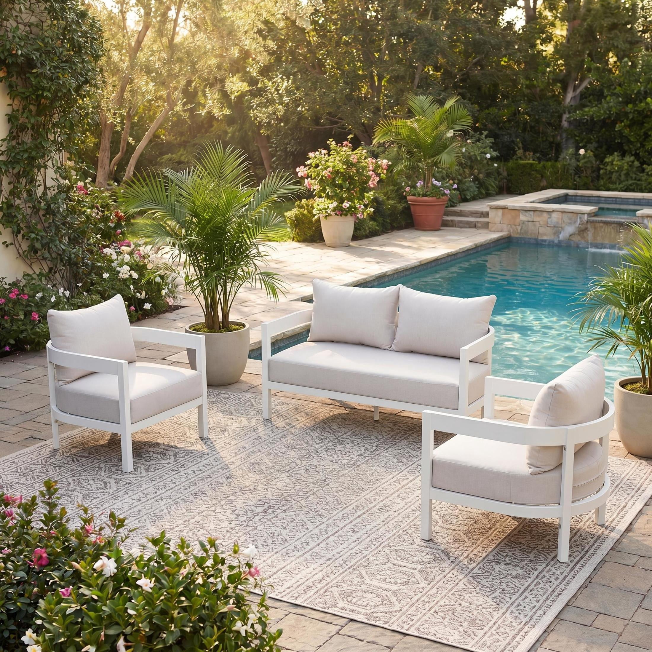 Christopher Knight Home 3-Piece Modern Aluminum Outdoor Sofa Set, 4 Seats with Beige Cushion, White