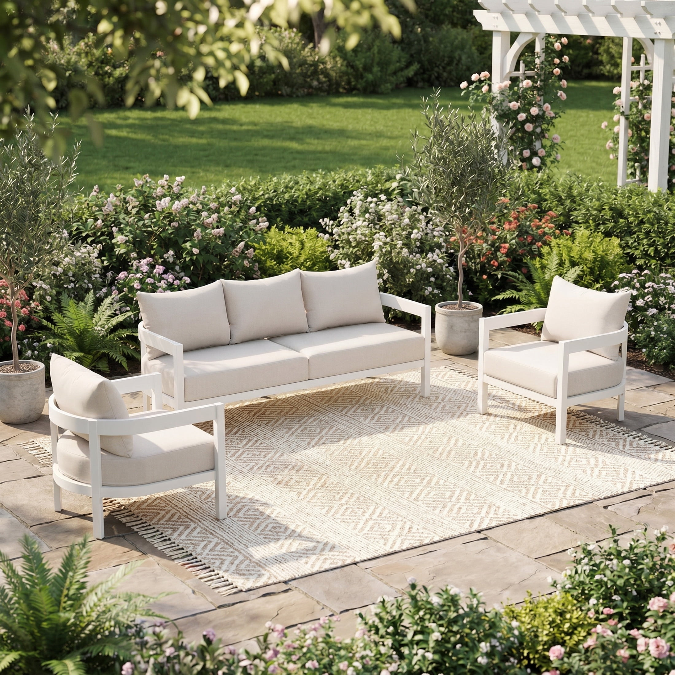 Christopher Knight Home 3-Piece Modern Aluminum Outdoor Sofa Set, 5 Seats with Beige Cushion, White