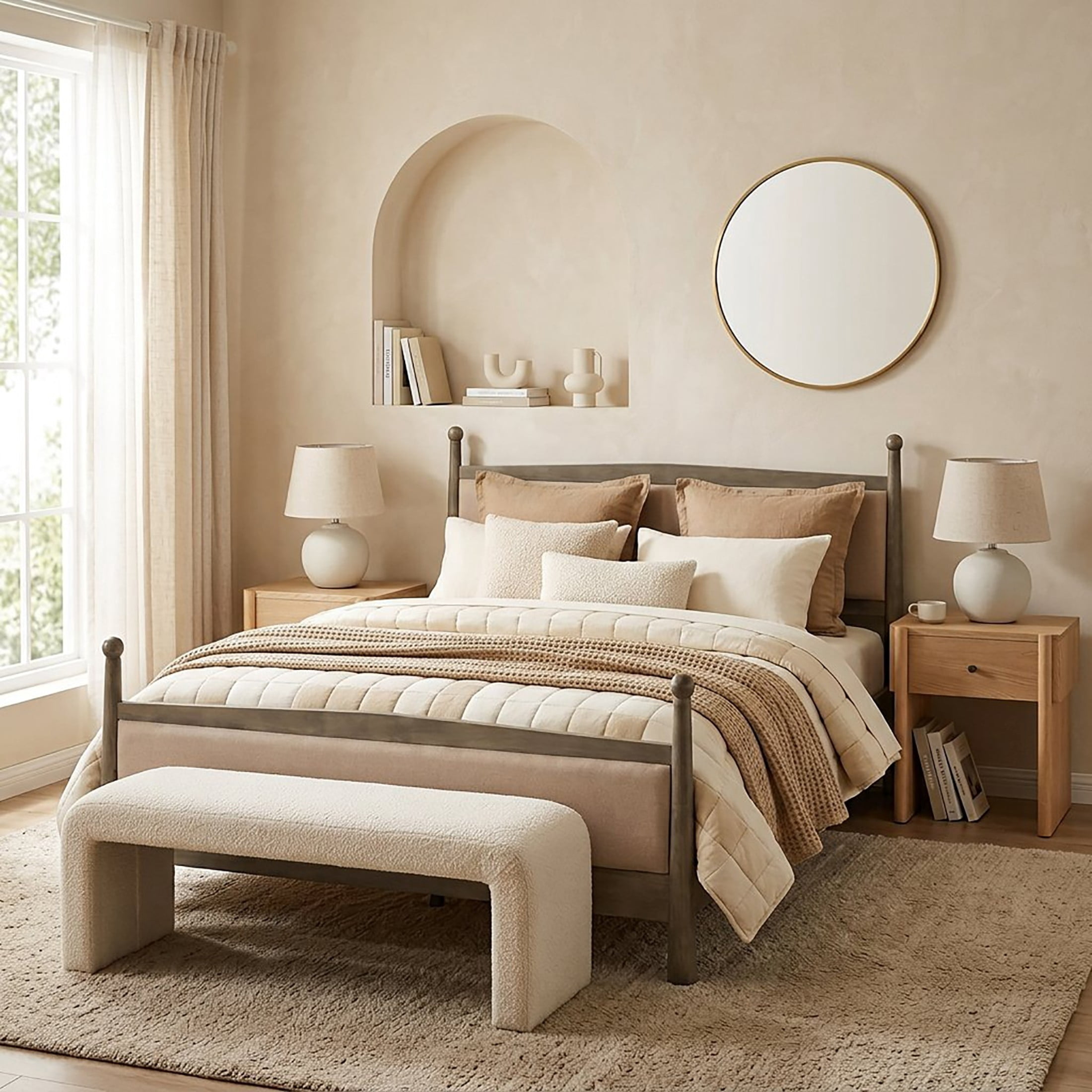 Christopher Knight Home 3-Piece Modern Bedroom Set, Queen Upholstered Bed with 2 Nightstands, Natural