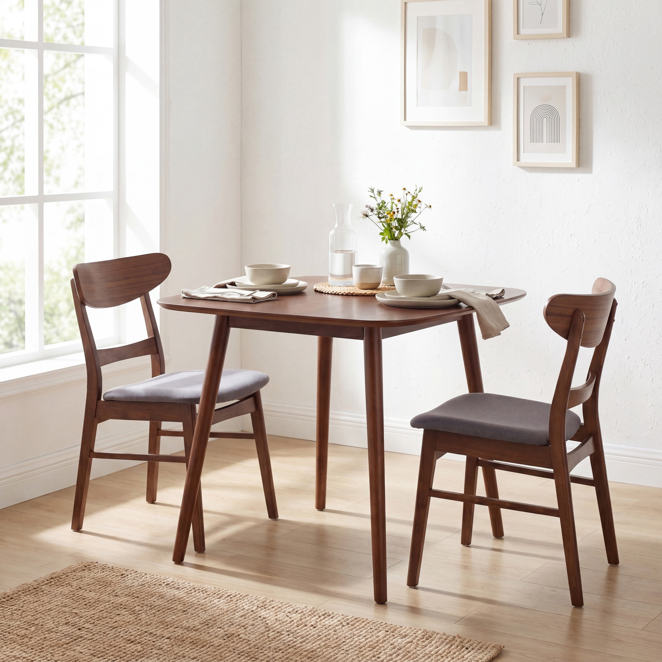 Christopher Knight Home 3-Piece Modern Dining Set, Square Table and Upholstered Chairs, Walnut+Dark Gray