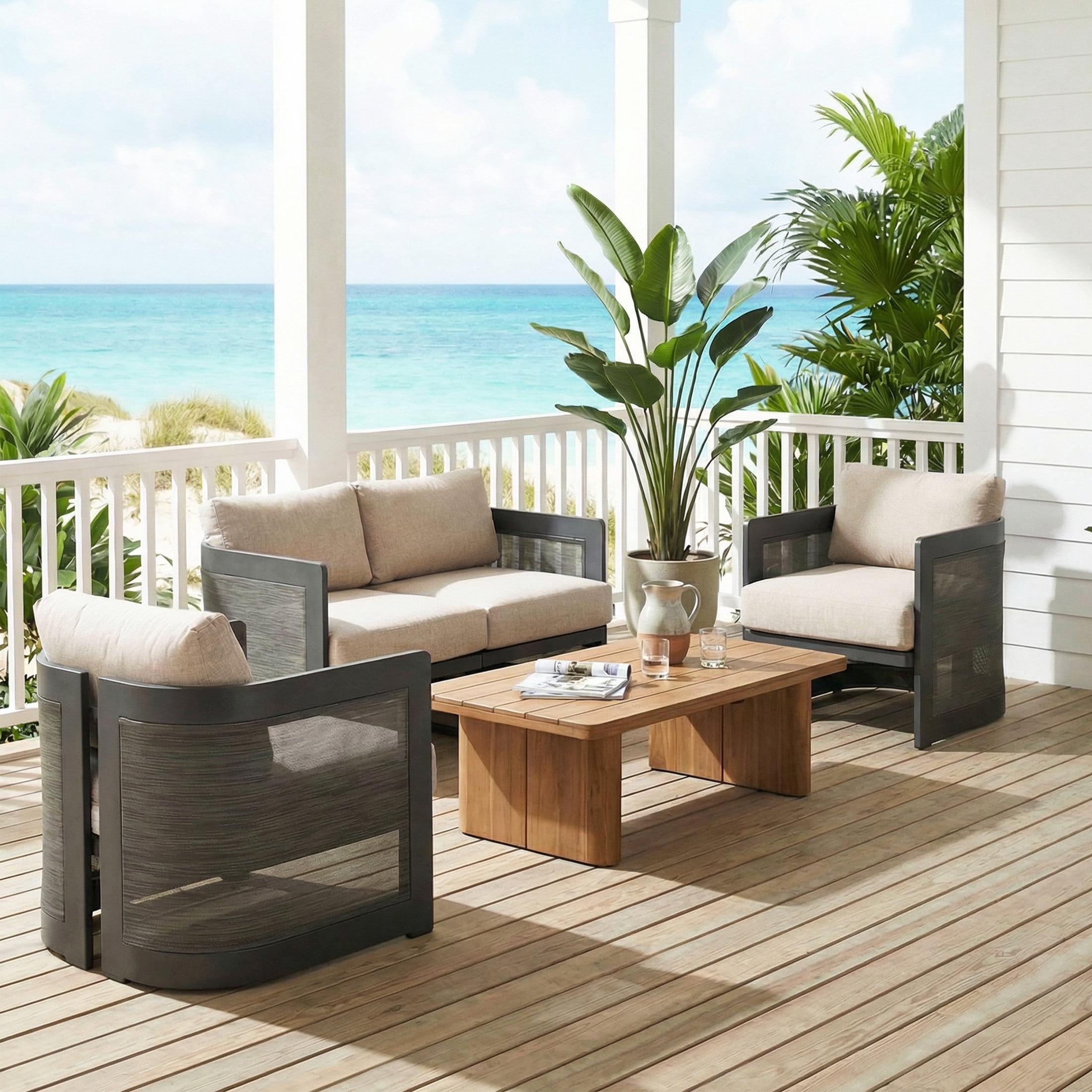Christopher Knight Home 3-Piece Modern Outdoor Aluminum Chat Set, Black Finish with Beige Cushion
