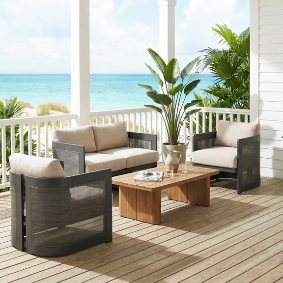 Christopher Knight Home 3-Piece Modern Outdoor Aluminum Chat Set, Black Finish with Beige Cushion