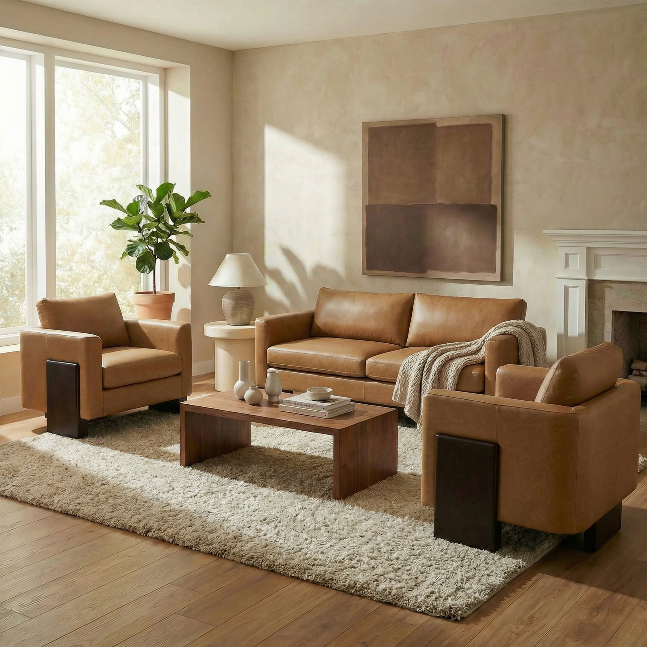 Christopher Knight Home 3-Piece Modern Oversized Sofa Set, 5 Seats PU Leather Couch, Brown