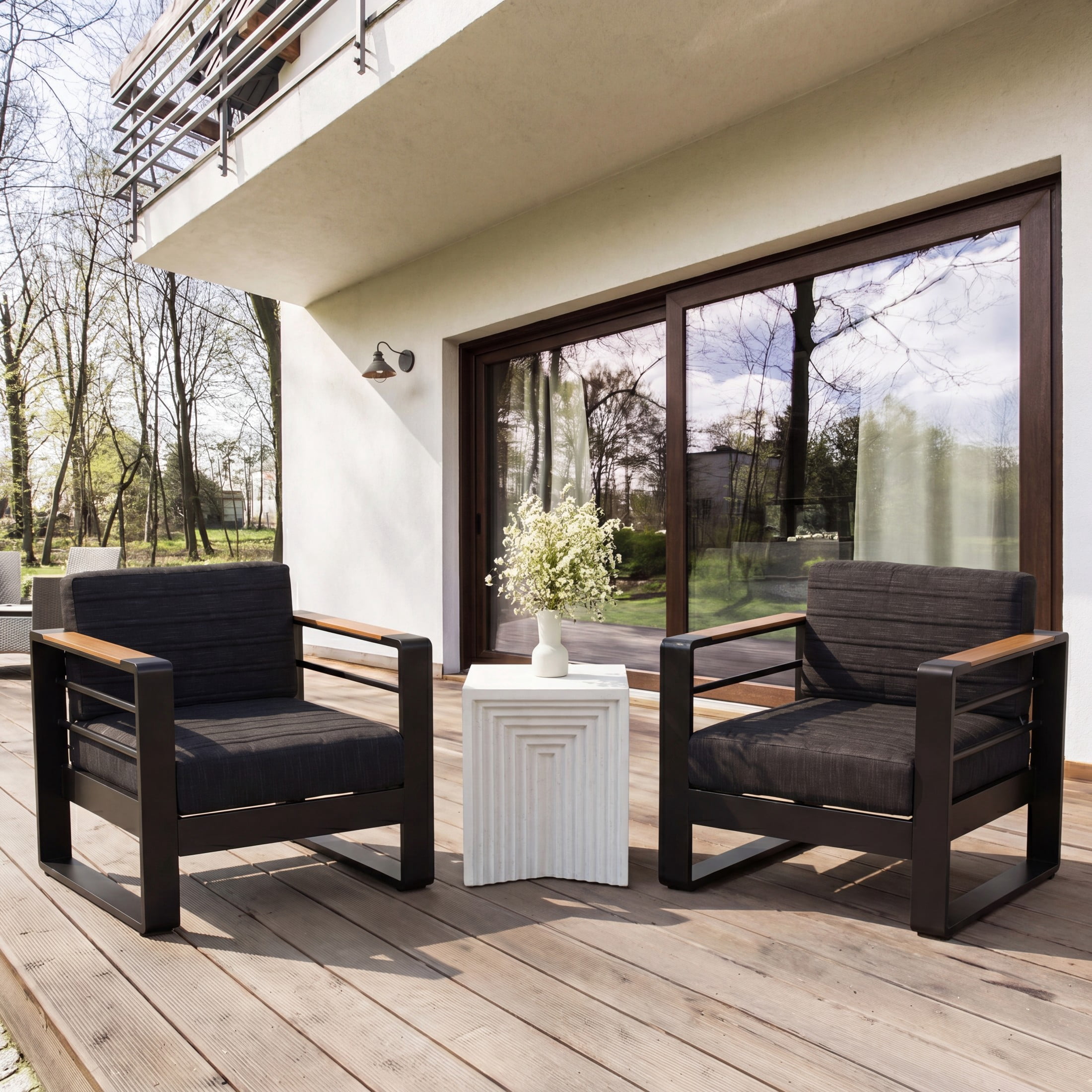 Christopher Knight Home 3-Piece Modern Patio Chat Set, Aluminum Club Chairs & Side Table, Black+White