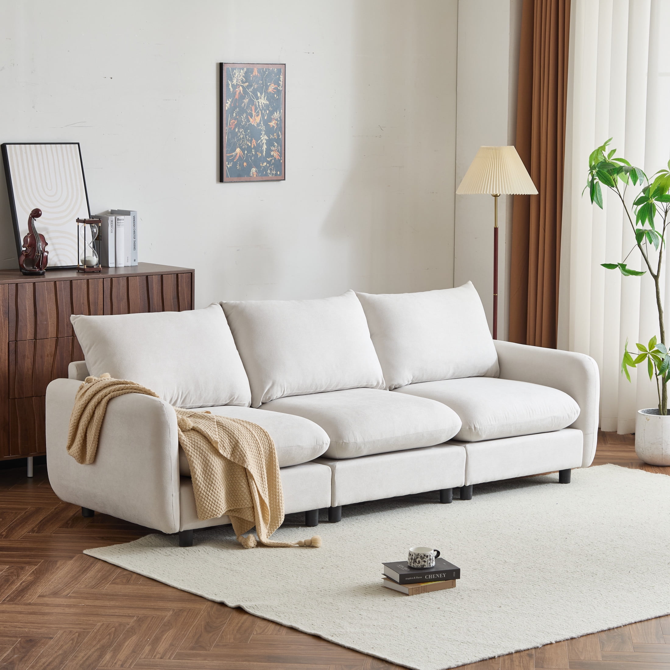 Christopher Knight Home 3-Piece Modular Sectional Sofa, 99.5" Upholstered Couch, Solid Wood Frame, White Sand