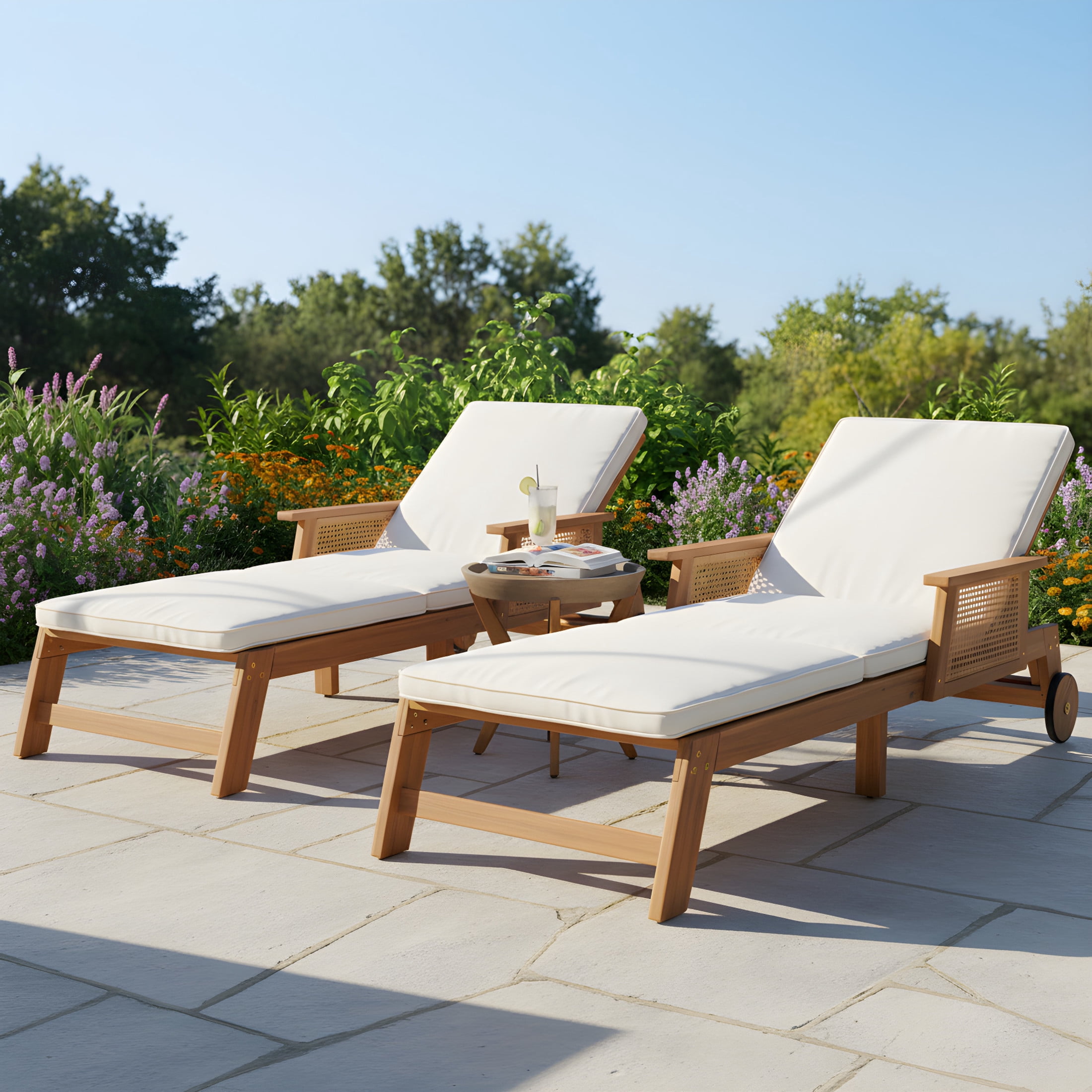 Christopher Knight Home 3-Piece Outdoor Acacia Wood Chaise Lounges and Side Table, Natural + Beige