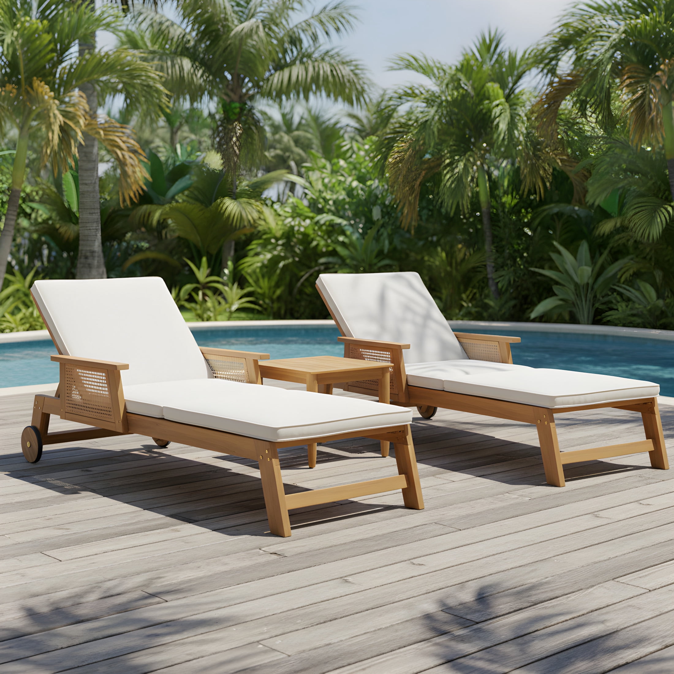 Christopher Knight Home 3-Piece Outdoor Acacia Wood Chaise Lounges and Slat Side Table, Natural + Beige