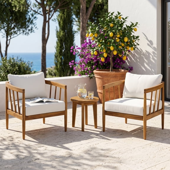 Christopher Knight Home 3-Piece Outdoor Acacia Wood Chat Set, Club Chairs and Side Table, Teak+Cream