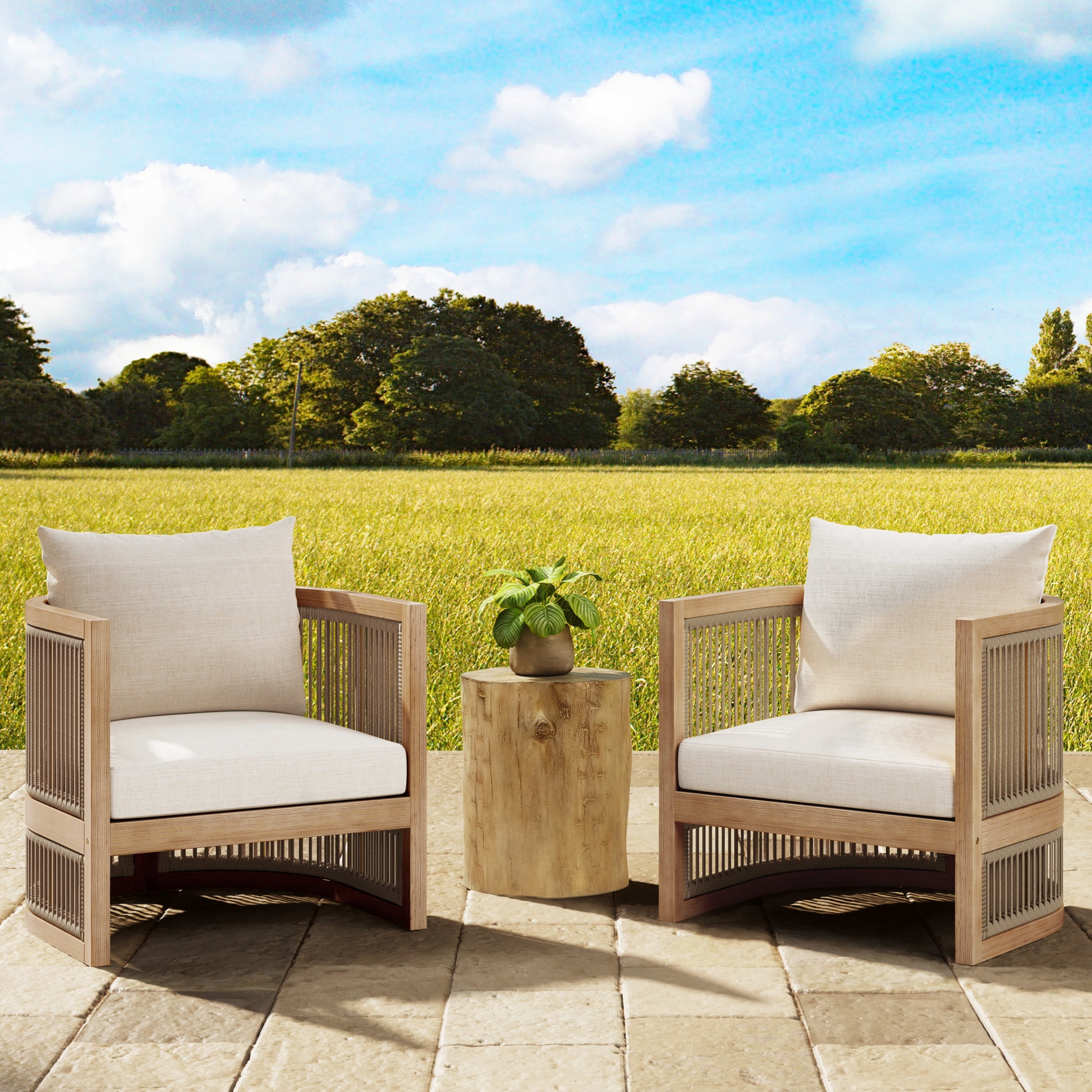 Christopher Knight Home 3-Piece Outdoor Acacia Wood Club Chair Set and MGO Side Table, Light Teak+Beige