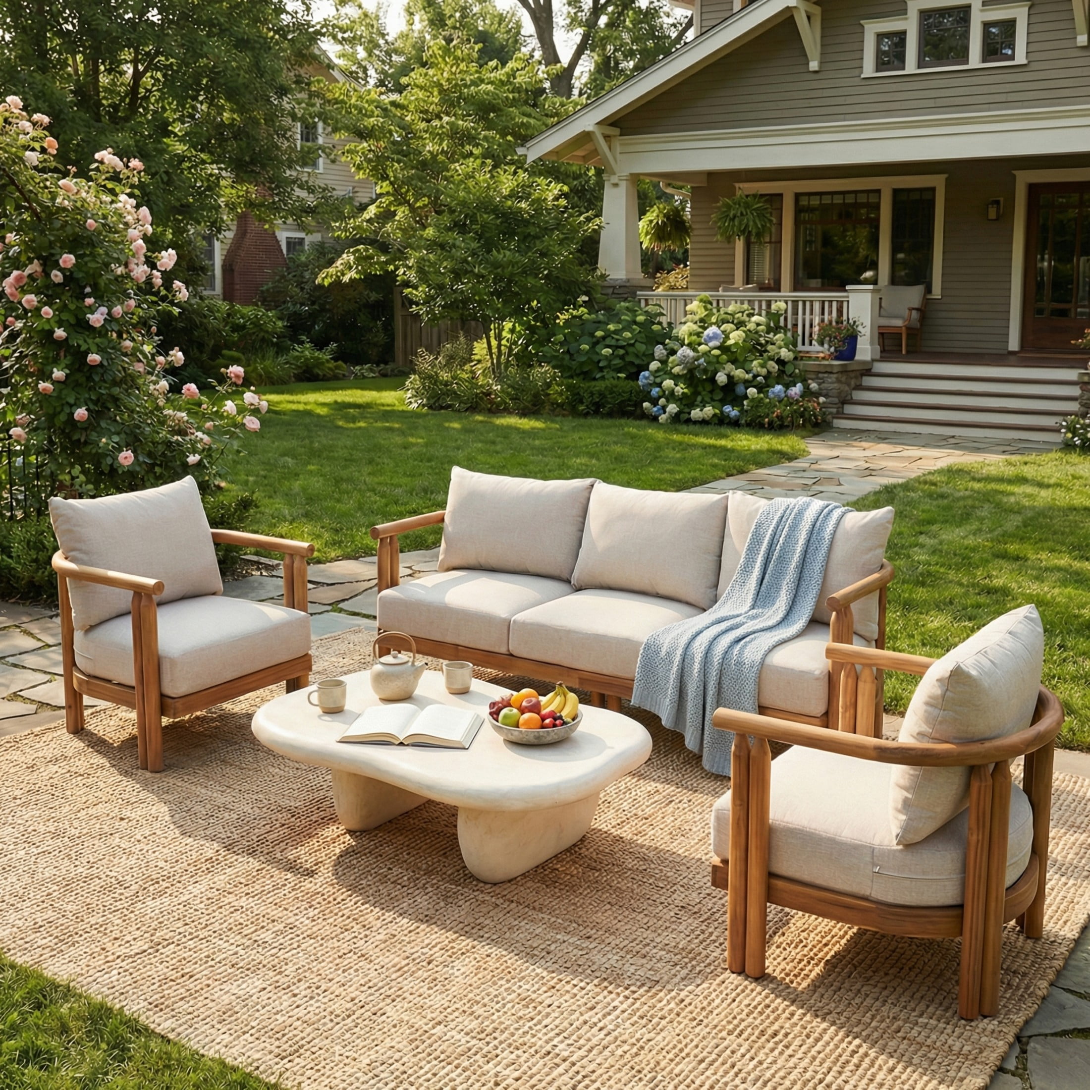 Christopher Knight Home 3-Piece Outdoor Acacia Wood Sofa Set with Beige Cushions, 5 Seats, Light Teak