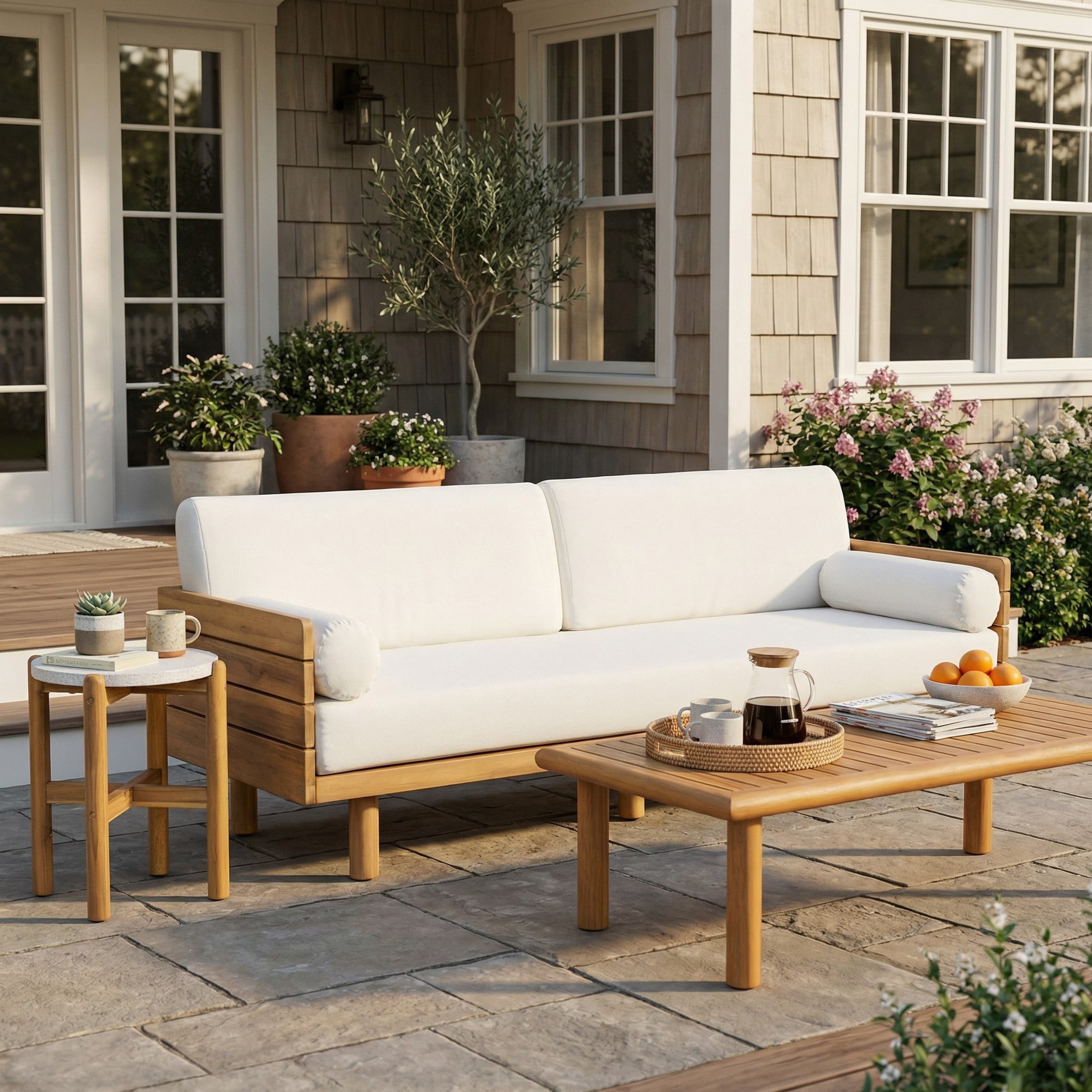 Christopher Knight Home 3-Piece Outdoor Acacia Wood Sofa with Coffee Table and Side Table, Teak+Beige
